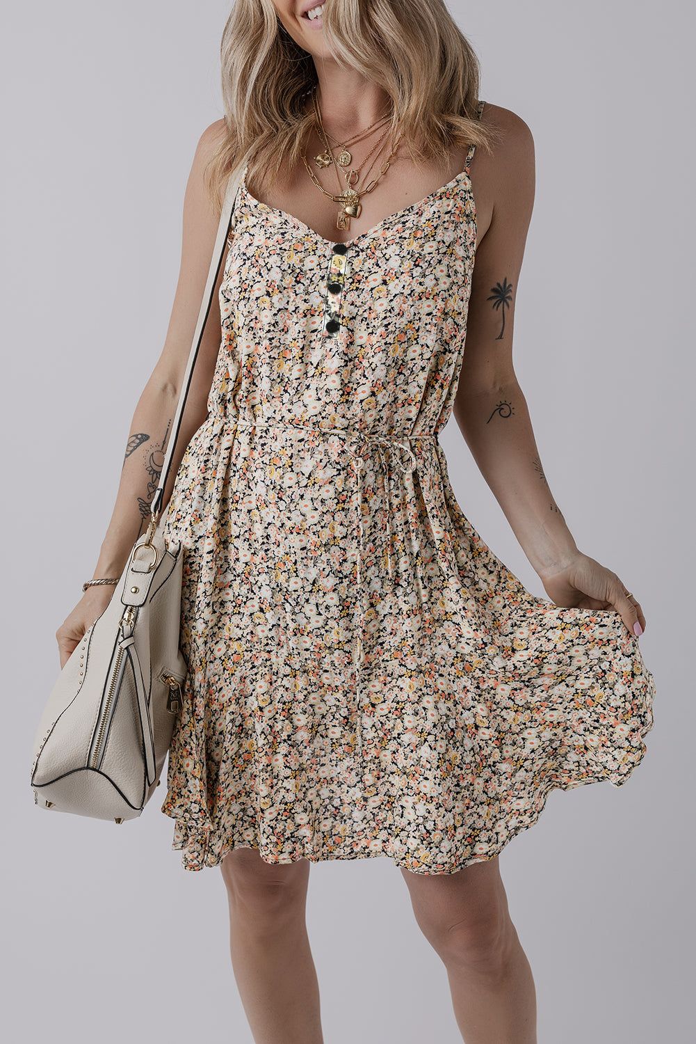 Khaki Boho Floral Printed Tie Waist Flared Sundress-TOPS / DRESSES-[Adult]-[Female]-Khaki-S-2022 Online Blue Zone Planet