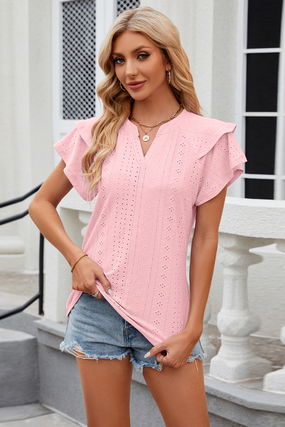 Eyelet Notched Short Sleeve T-Shirt-TOPS / DRESSES-[Adult]-[Female]-Blush Pink-S-2022 Online Blue Zone Planet