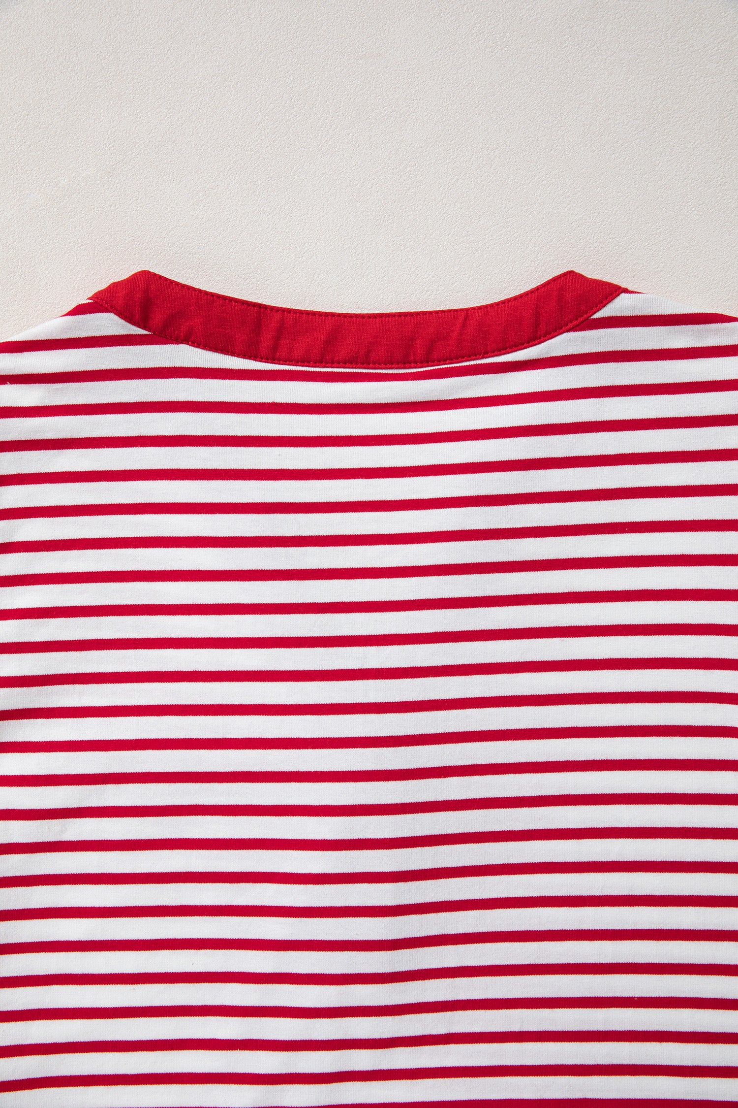 Red Stripe Half Placket V Neck Contrast 3/4 Sleeve Patchwork Top-Tops/Long Sleeve Tops-[Adult]-[Female]-2022 Online Blue Zone Planet