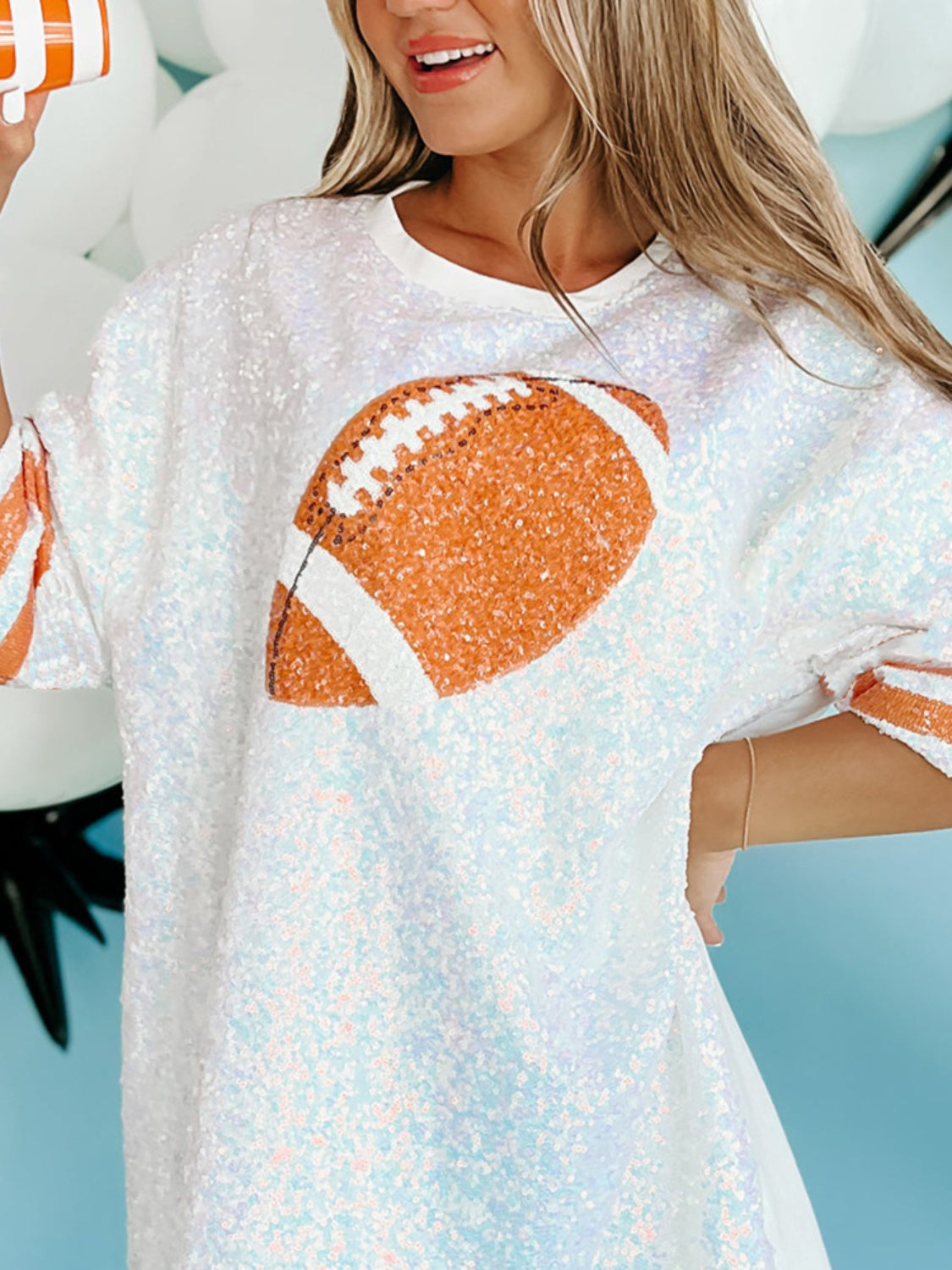 Blue Zone Planet | Sequin Football Round Neck Half Sleeve Oversize Top-TOPS / DRESSES-[Adult]-[Female]-2022 Online Blue Zone Planet