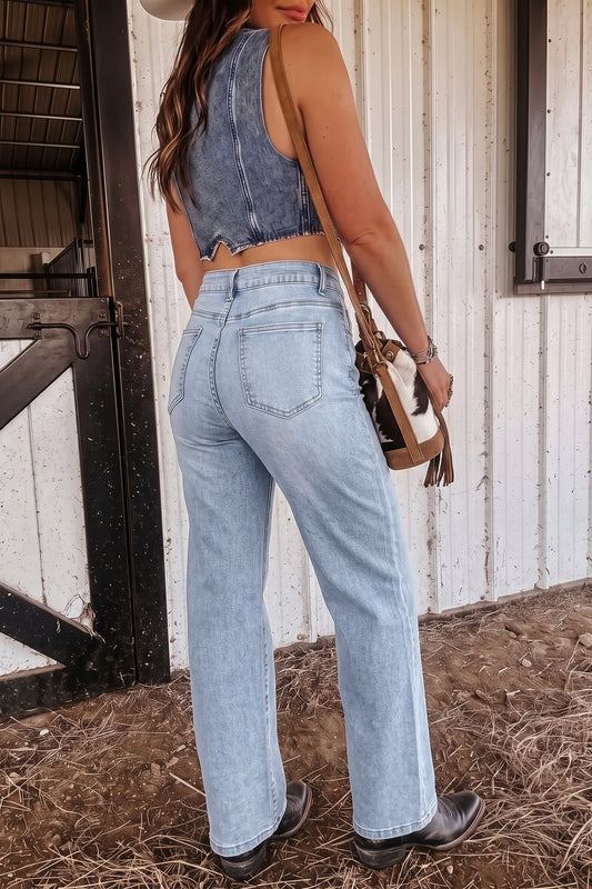 Beau Blue Sparkle Detail Western Casual Shift Jeans-Bottoms/Jeans-[Adult]-[Female]-Beau Blue-4-2022 Online Blue Zone Planet