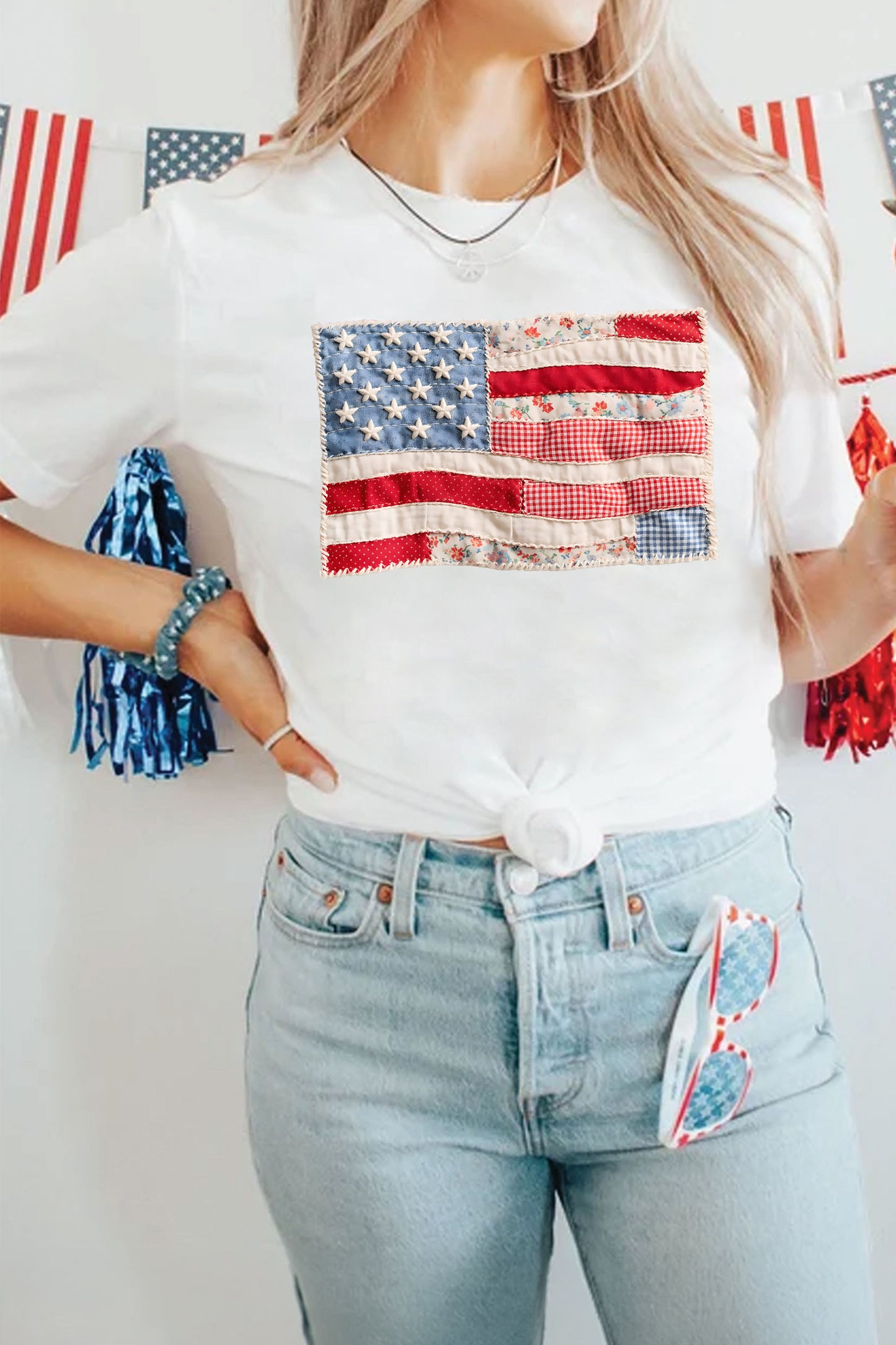 White Faux Patchwork Printed Us Flag Casual Tee-Graphic/Graphic Tees-[Adult]-[Female]-2022 Online Blue Zone Planet