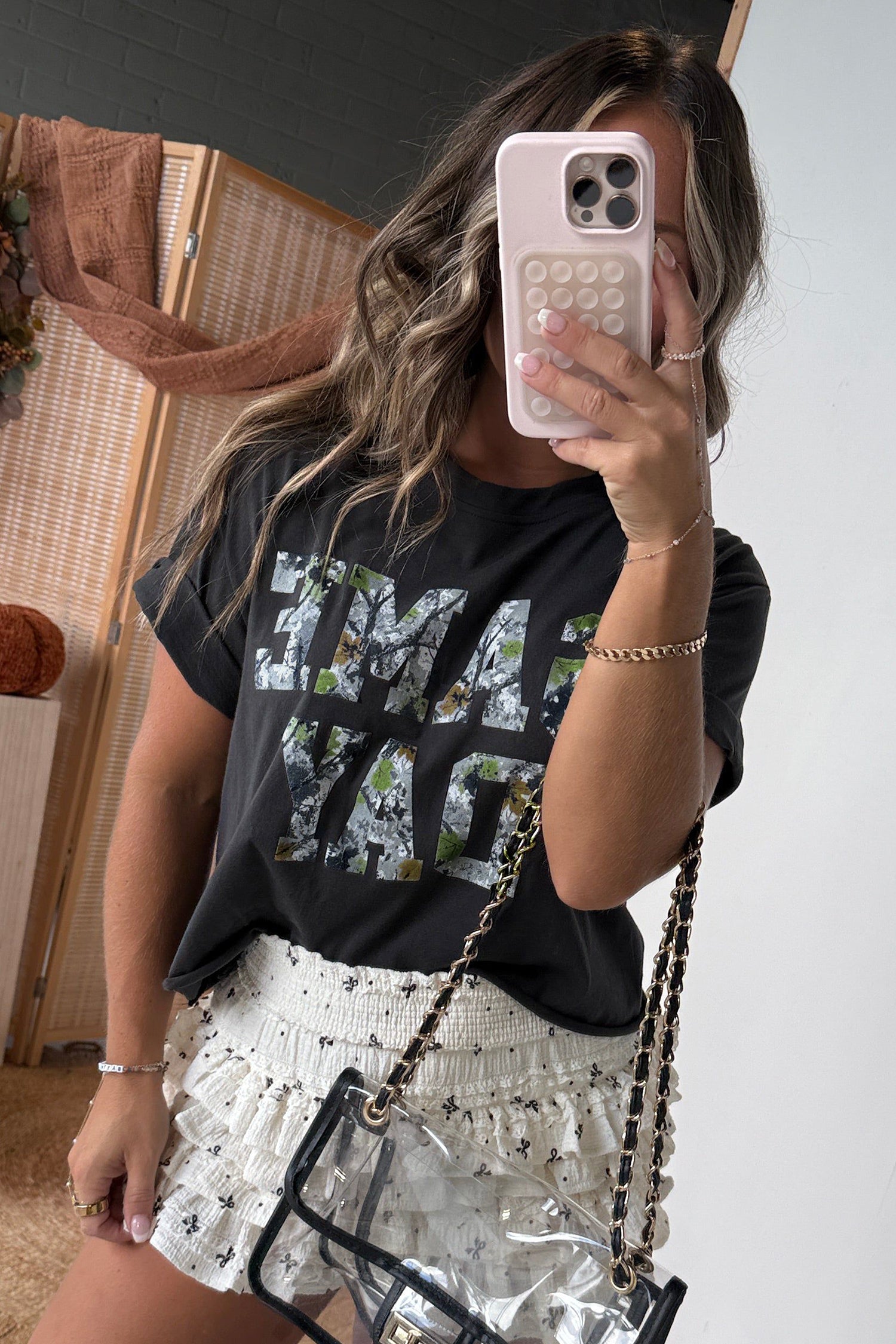 Black Camo Print Game Day Tee Short Sleeve Round Neck Casual T Shirt-Tops/Tops & Tees-[Adult]-[Female]-2022 Online Blue Zone Planet