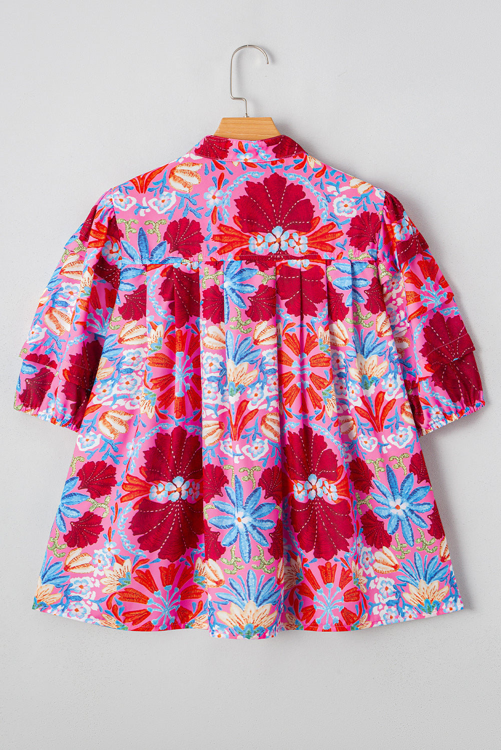 Pink Floral Print Bubble Sleeve Button Up Pleated Shirt-Tops/Blouses & Shirts-[Adult]-[Female]-2022 Online Blue Zone Planet