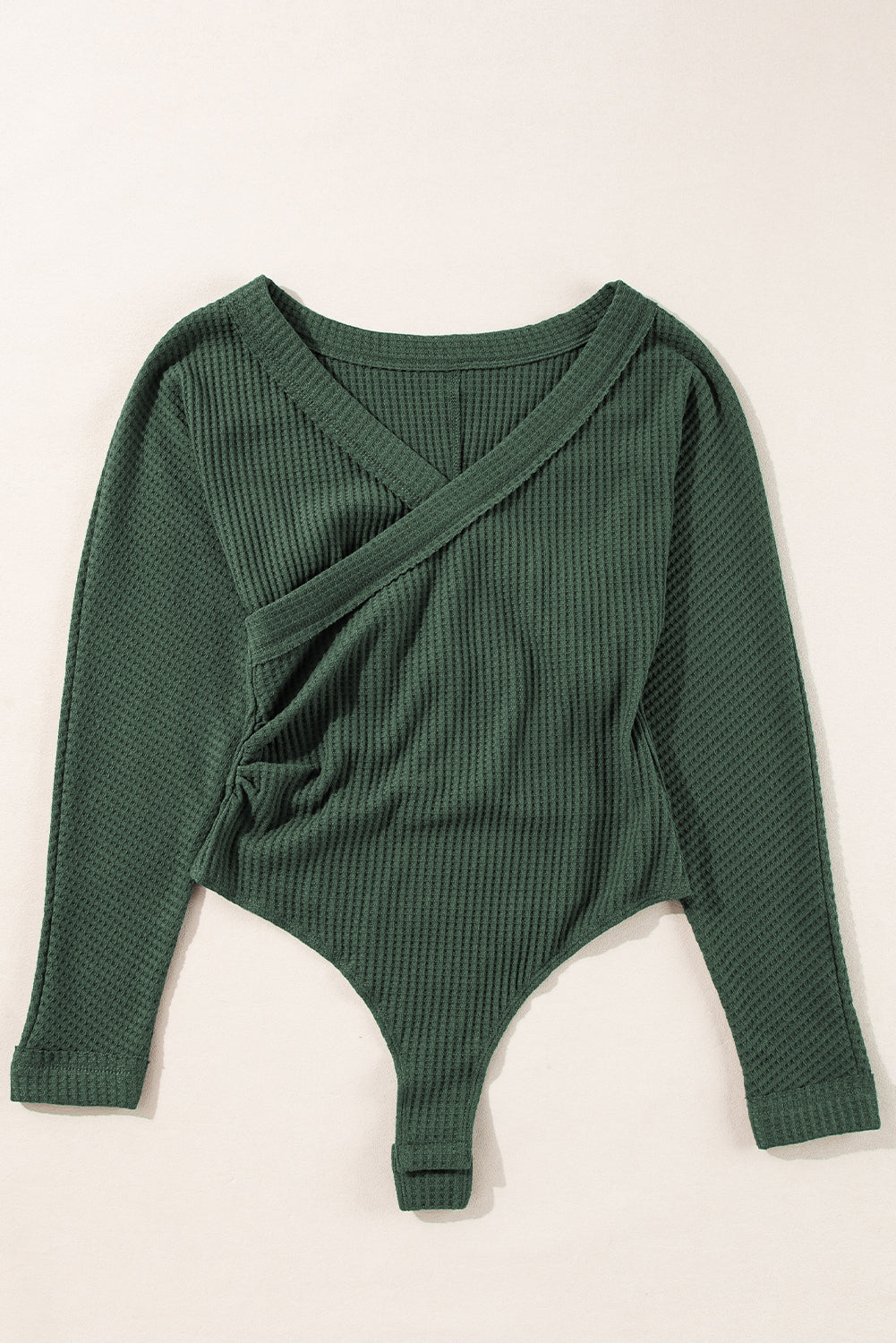 Blackish Green Waffle Knit Slim Fit Wrap V Neck Bodysuit-Tops/Bodysuits-[Adult]-[Female]-2022 Online Blue Zone Planet