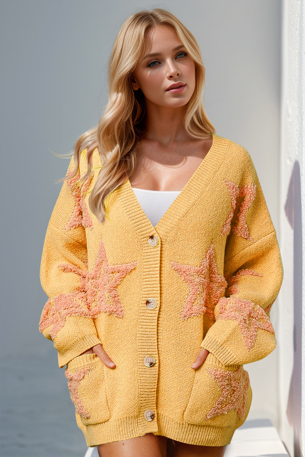 Double Take Full Size Button Up Star Pattern Cardigan-TOPS / DRESSES-[Adult]-[Female]-Yellow-S/M-2022 Online Blue Zone Planet