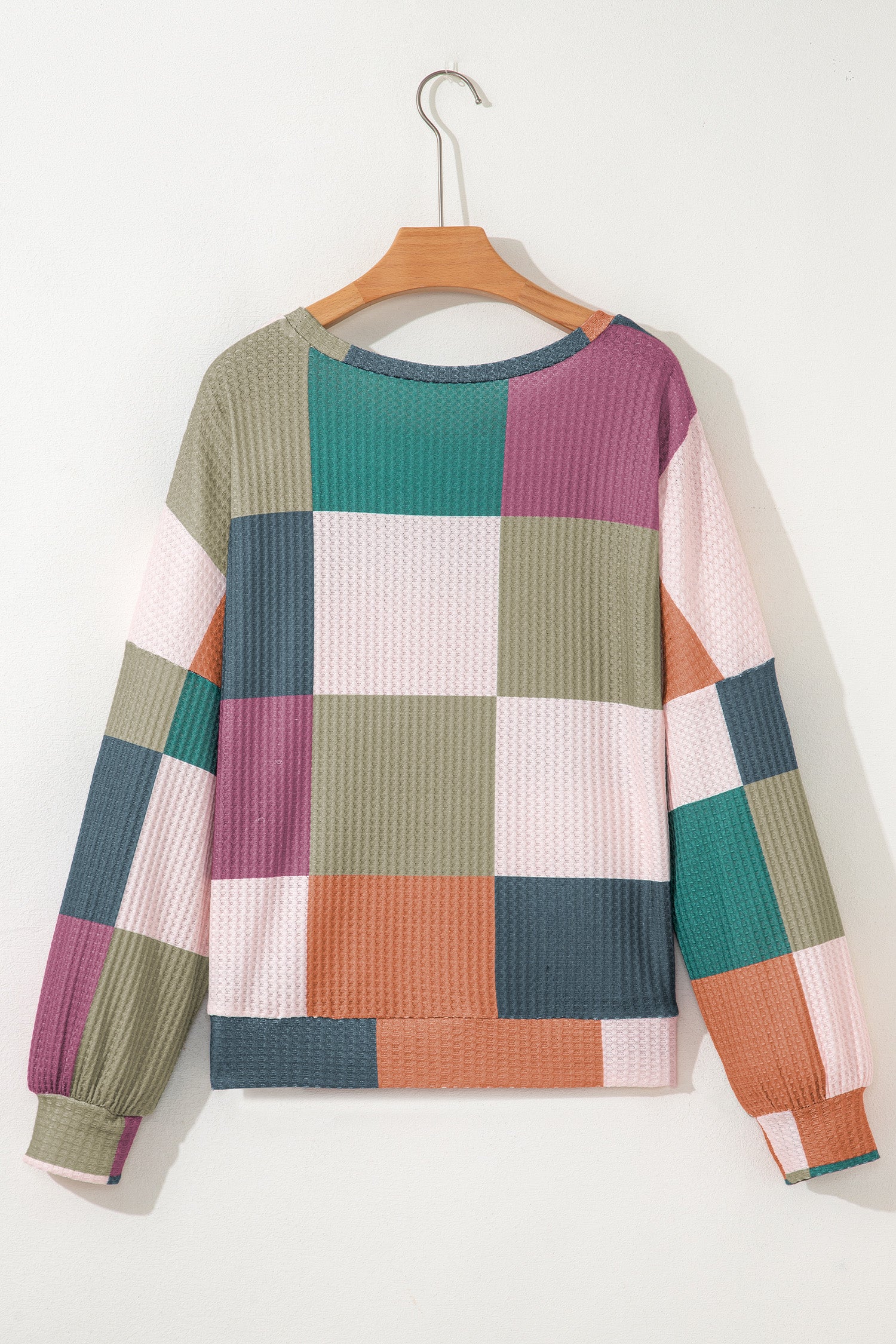 Green Checkered Print Textured Knit Long Sleeve Loose Top-Tops/Long Sleeve Tops-[Adult]-[Female]-2022 Online Blue Zone Planet