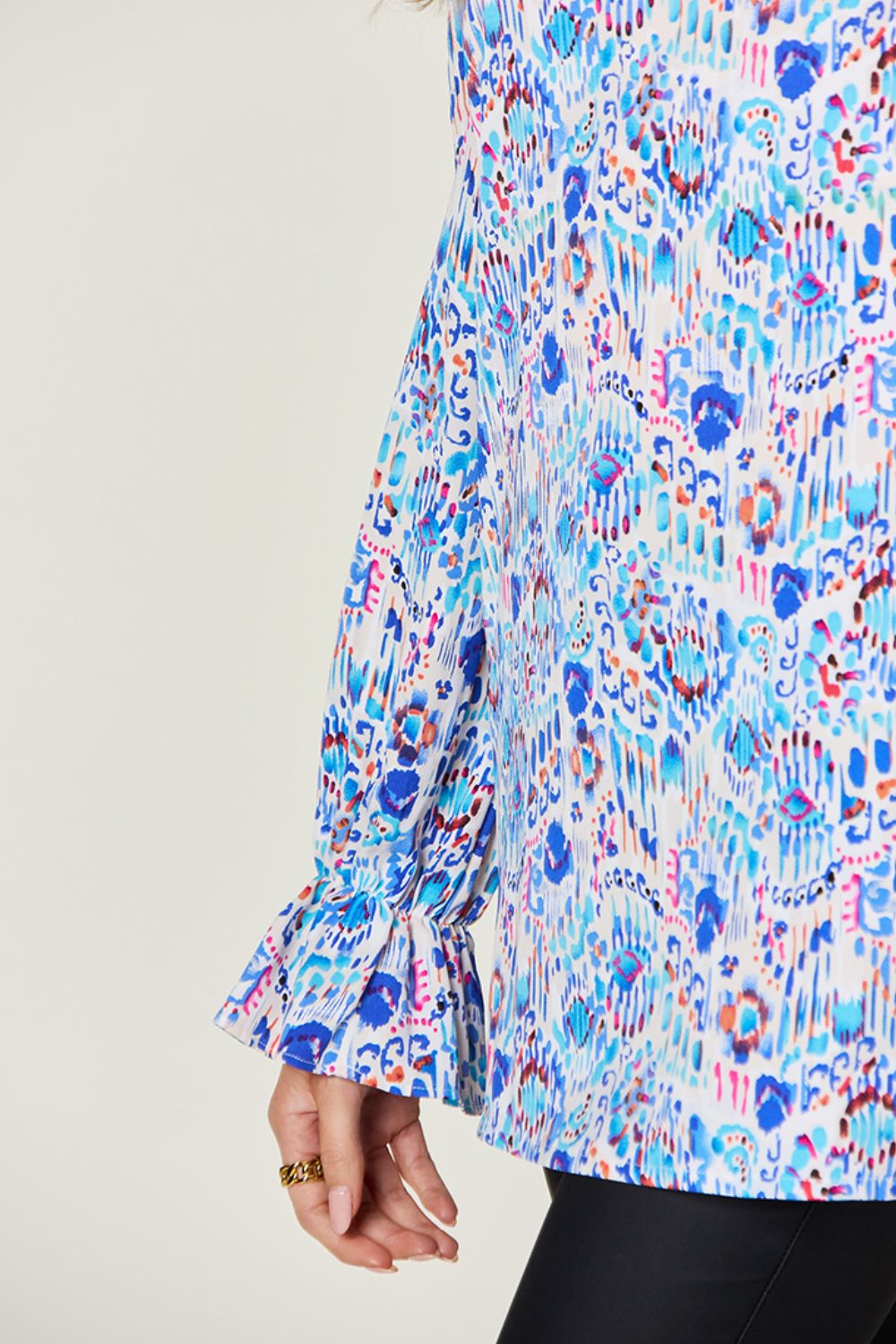 Blue Zone Planet | Double Take Full Size Printed Flounce Sleeve Blouse-TOPS / DRESSES-[Adult]-[Female]-2022 Online Blue Zone Planet