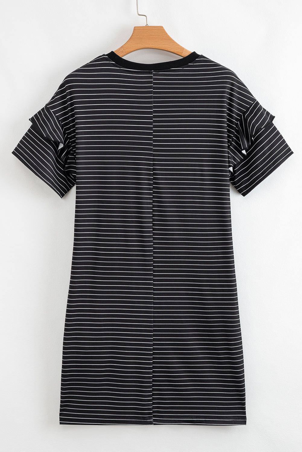 Black Stripe Ruffled Short Sleeve Crew Neck T Shirt Shift Mini Dress-TOPS / DRESSES-[Adult]-[Female]-2022 Online Blue Zone Planet