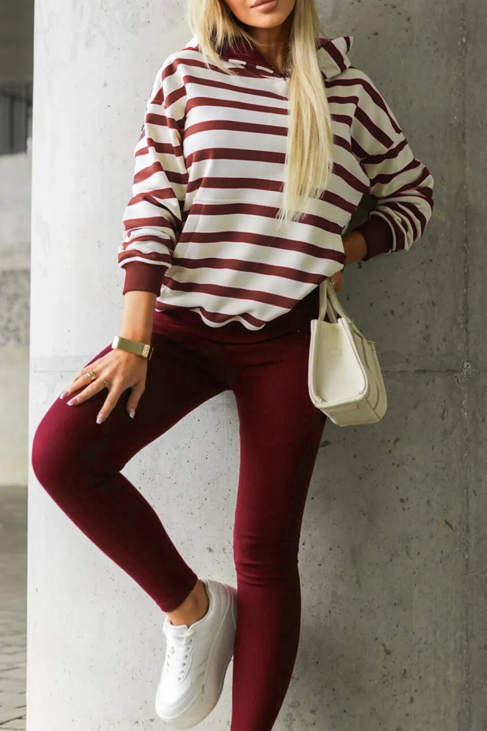Red Stripe Pullover Hoodie Ribbed Solid Pants 2pcs Set Outfit-Two Piece Sets/Pant Sets-[Adult]-[Female]-Red Stripe-S-2022 Online Blue Zone Planet