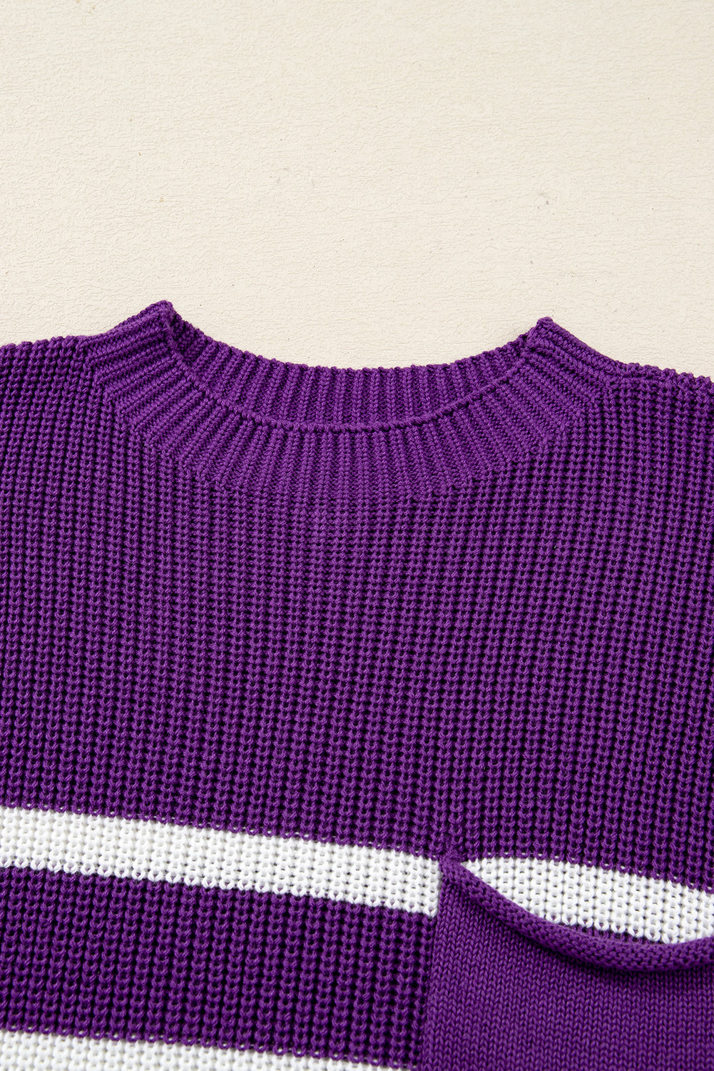 Purple Stripe Raw Edge Patched Pocket Short Sleeve Knit Sweater-Sweaters & Cardigans/Short Sleeve Sweaters-[Adult]-[Female]-2022 Online Blue Zone Planet
