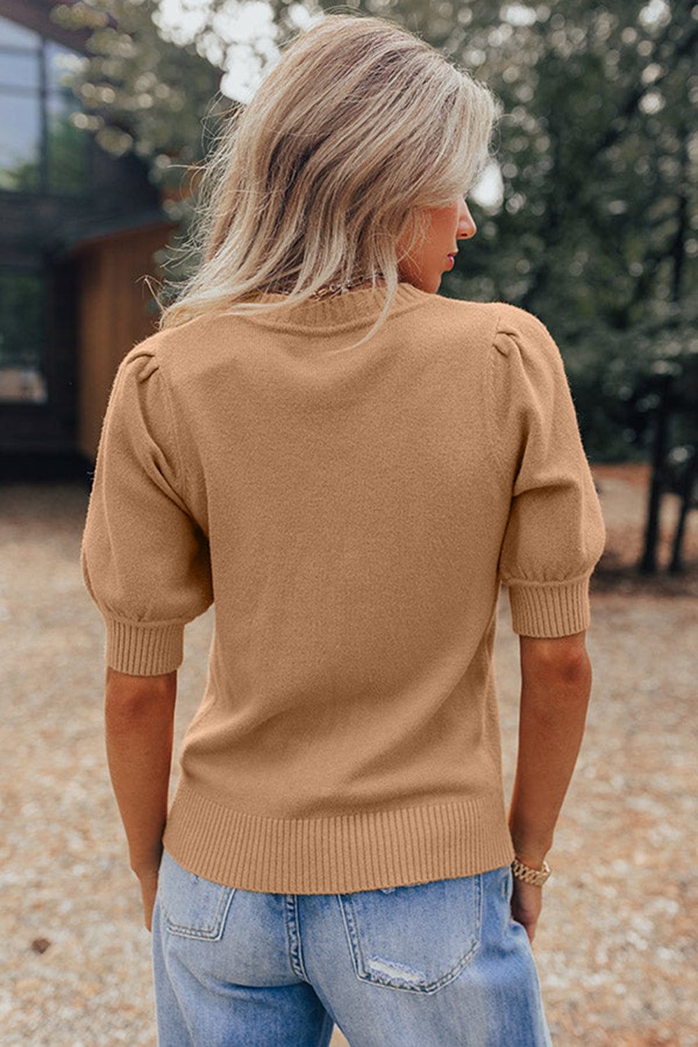 Light French Beige Solid Color Knit Short Puff Sleeve Sweater-Sweaters & Cardigans/Short Sleeve Sweaters-[Adult]-[Female]-2022 Online Blue Zone Planet