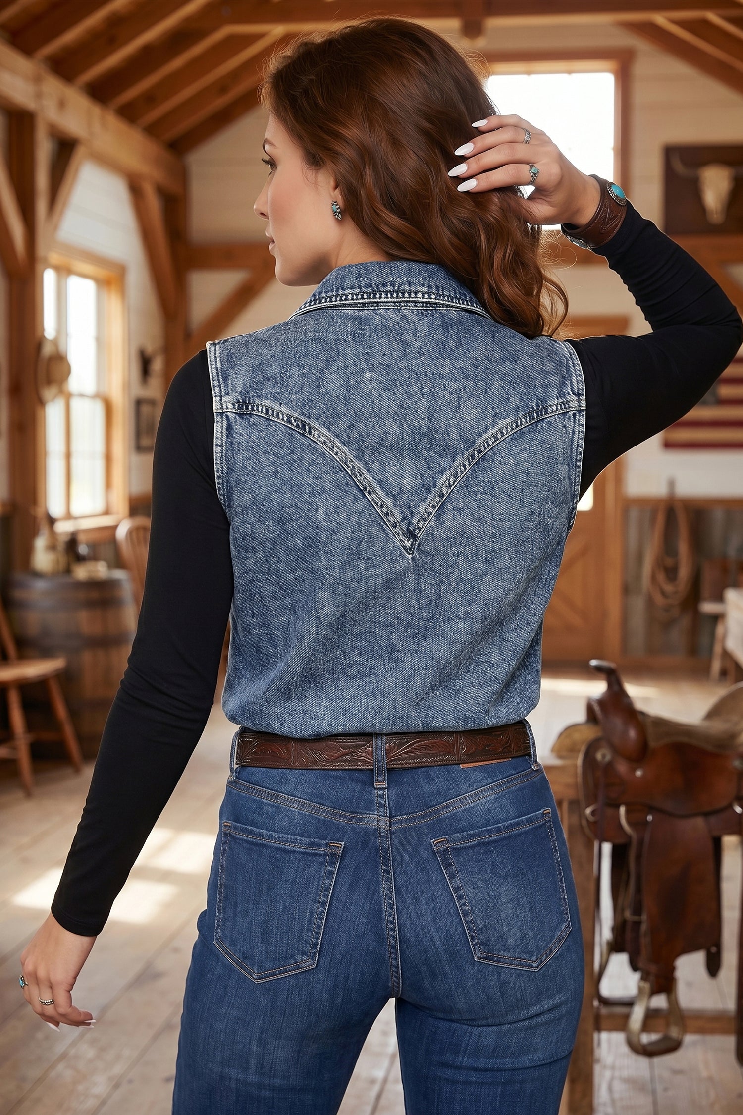 Ashleigh Blue Solid Denim Button Front Pocket Sleeveless Cowboy Vest-Outerwear/Vests-[Adult]-[Female]-2022 Online Blue Zone Planet