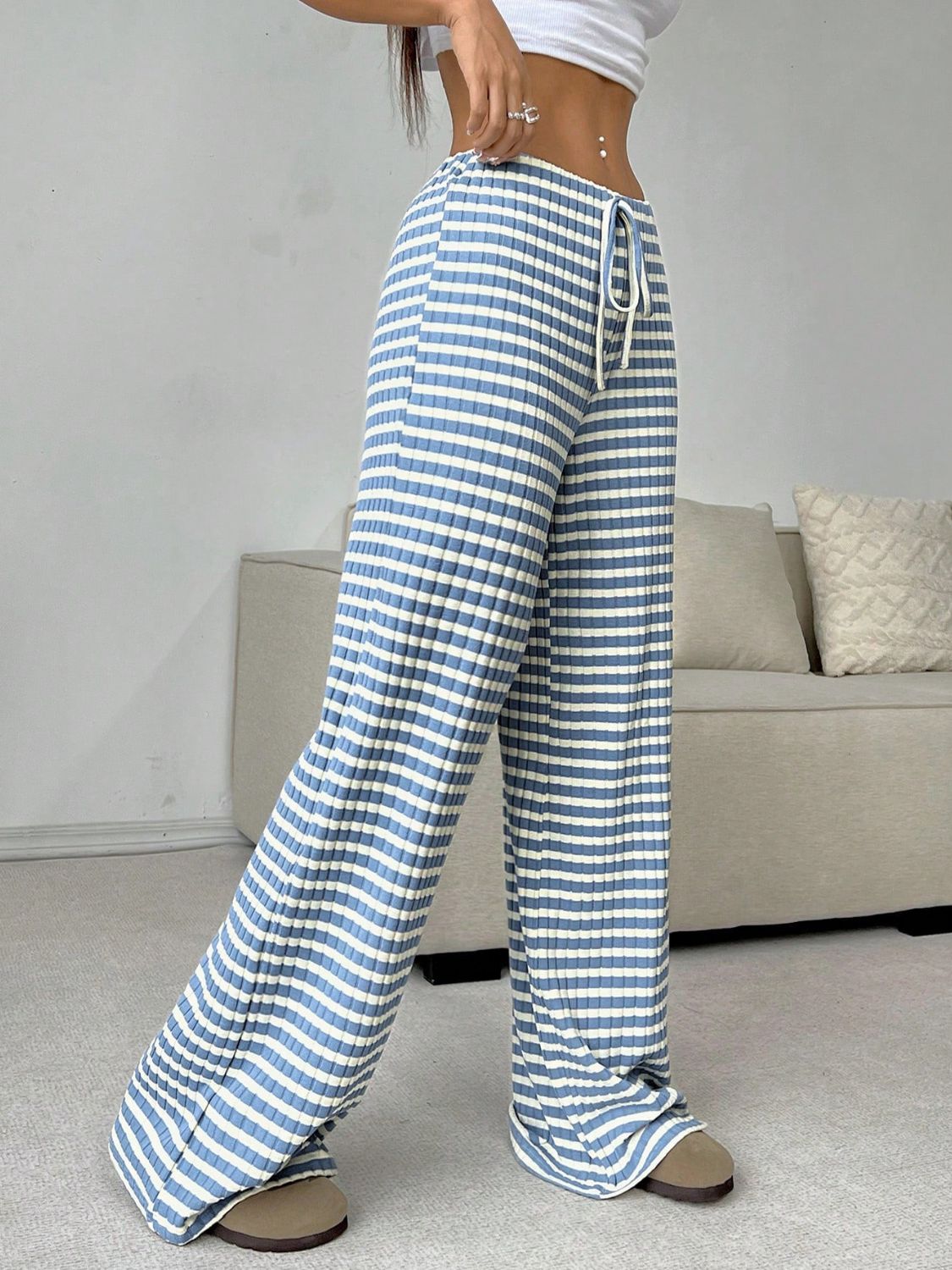 Blue Zone Planet | Tied Striped Wide Leg Pants-BOTTOMS SIZES SMALL MEDIUM LARGE-[Adult]-[Female]-2022 Online Blue Zone Planet