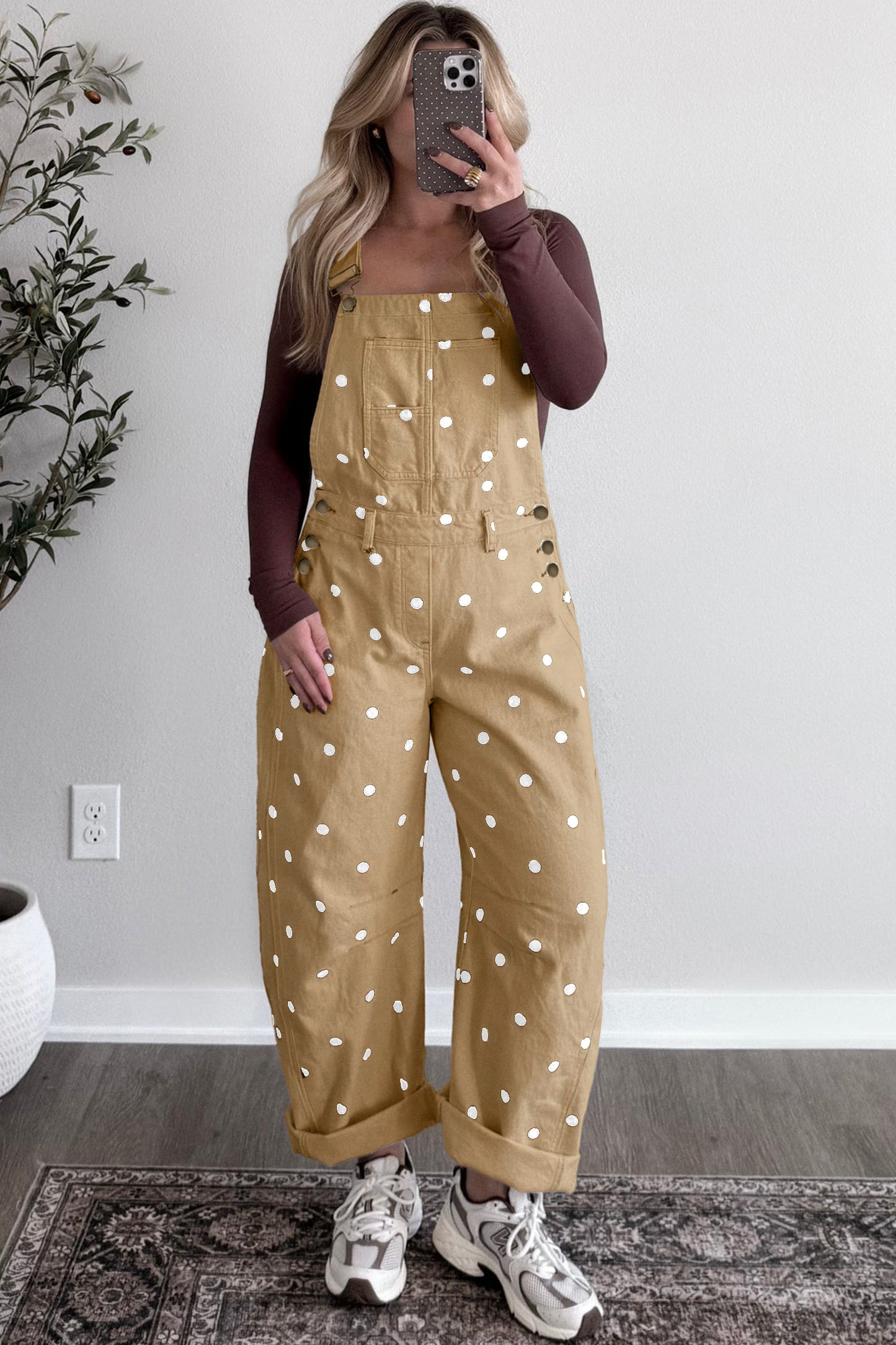 Jet Stream Polka Dot Print Bib Pocket Denim Barrel Overalls Jumpsuit-Bottoms/Jumpsuits & Rompers-[Adult]-[Female]-2022 Online Blue Zone Planet