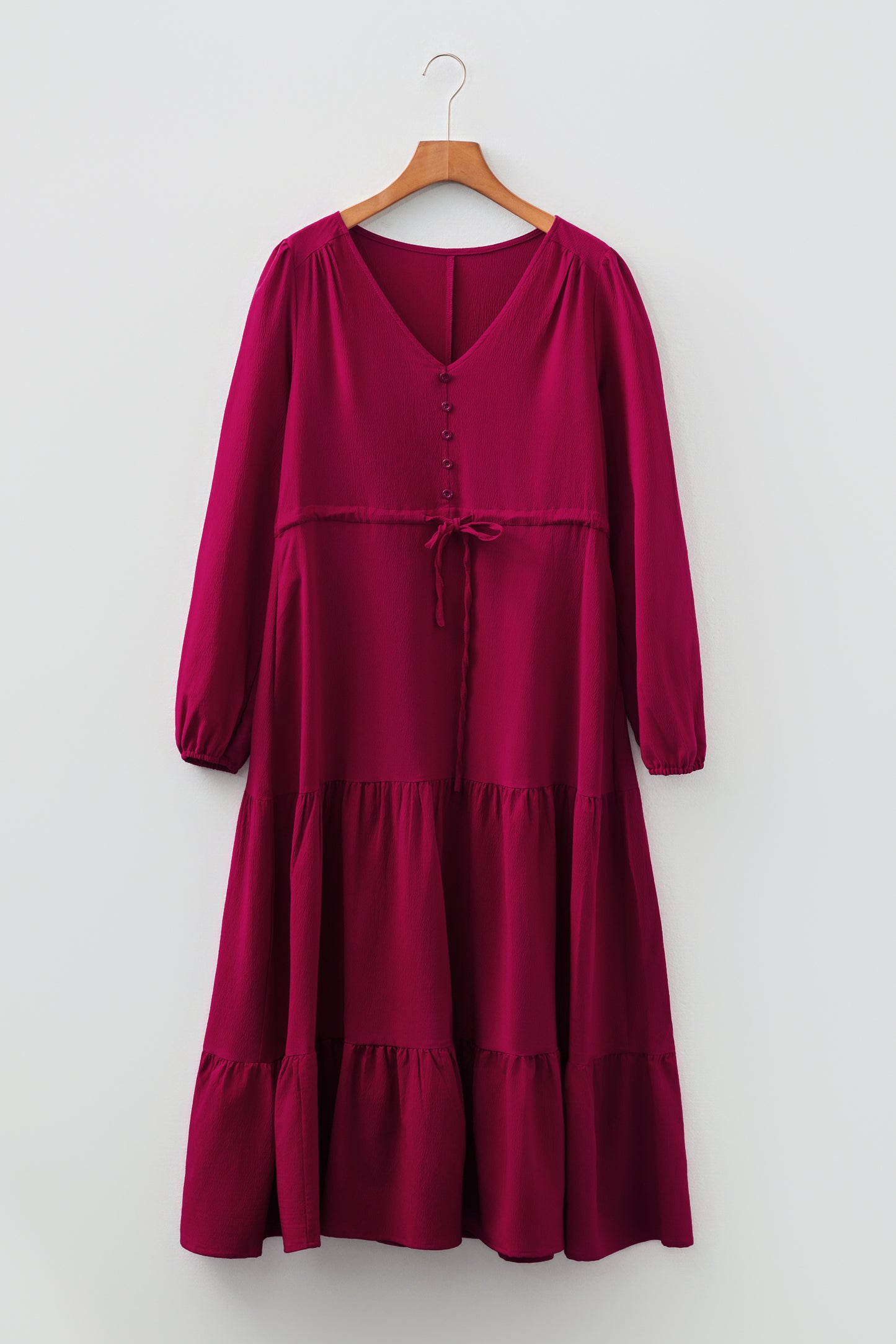 Burgundy Solid Long Sleeve Button V Neck Tiered Maxi Dress-TOPS / DRESSES-[Adult]-[Female]-2022 Online Blue Zone Planet