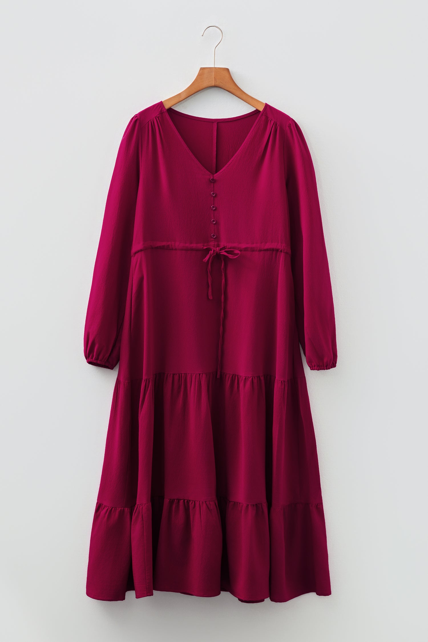 Burgundy Solid Long Sleeve Button V Neck Tiered Maxi Dress-TOPS / DRESSES-[Adult]-[Female]-2022 Online Blue Zone Planet