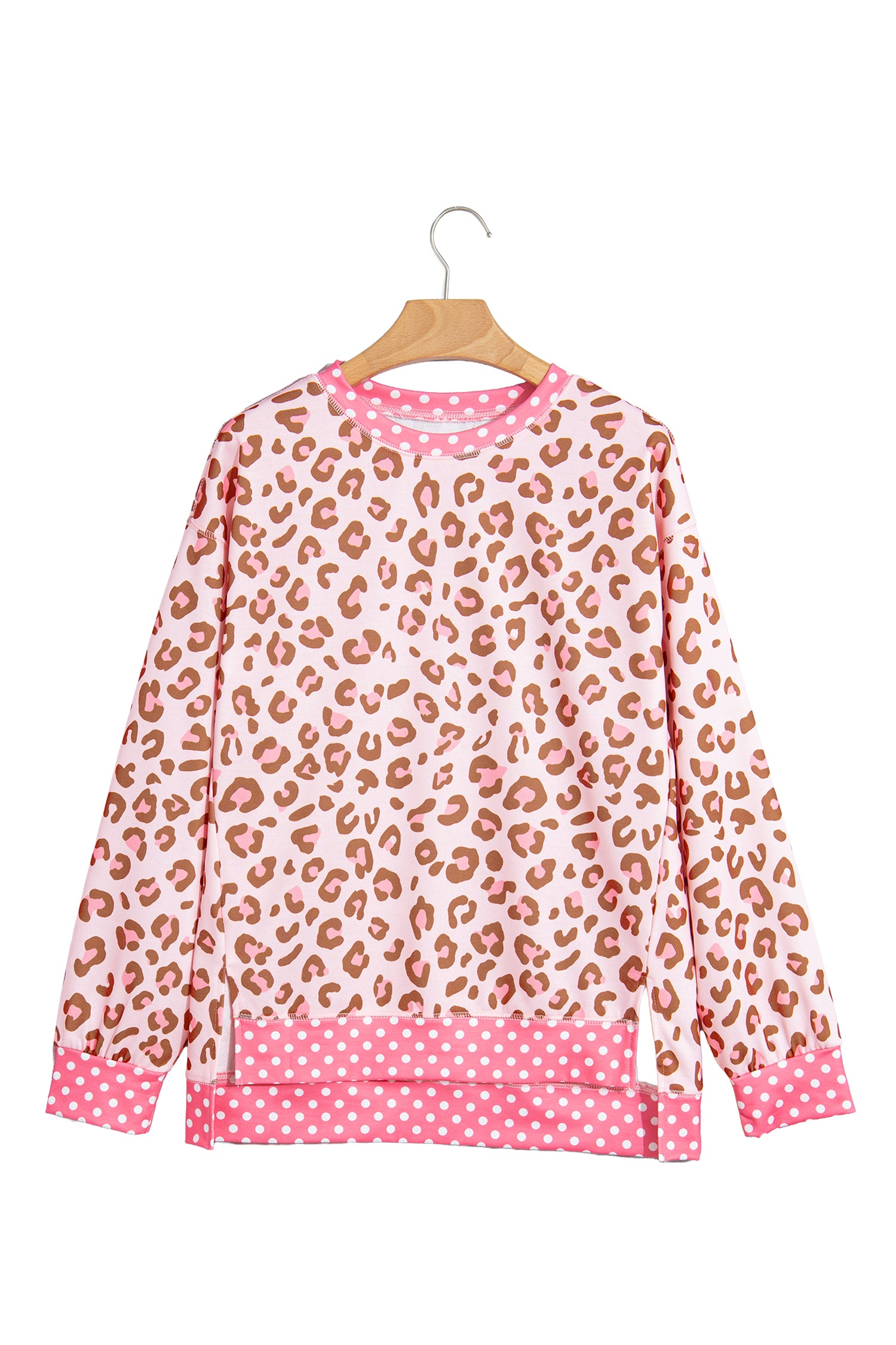 Pink Leopard Polka Dot Colorblock Trim Long Sleeve Top-Tops/Long Sleeve Tops-[Adult]-[Female]-2022 Online Blue Zone Planet