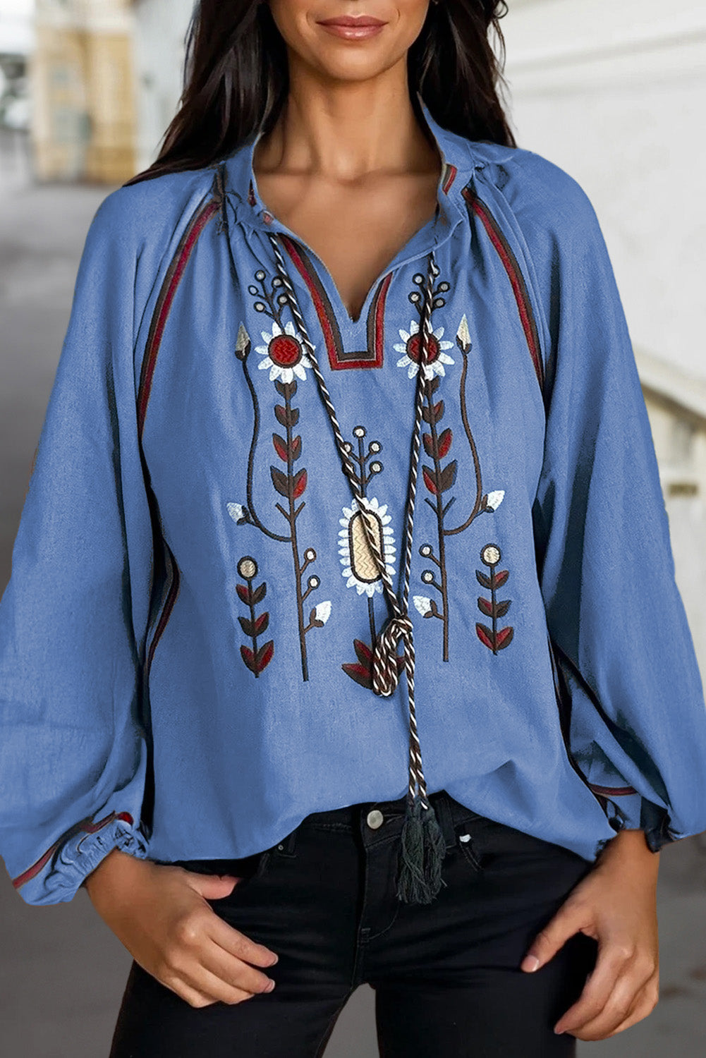 Real Teal Floral Embroidered Split Neck Tassel Tie Puff Sleeve Blouse-Tops/Blouses & Shirts-[Adult]-[Female]-Real Teal-S-2022 Online Blue Zone Planet