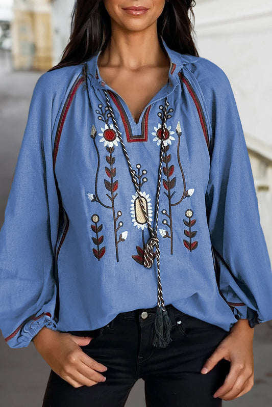 Real Teal Floral Embroidered Split Neck Tassel Tie Puff Sleeve Blouse-Tops/Blouses & Shirts-[Adult]-[Female]-Real Teal-S-2022 Online Blue Zone Planet
