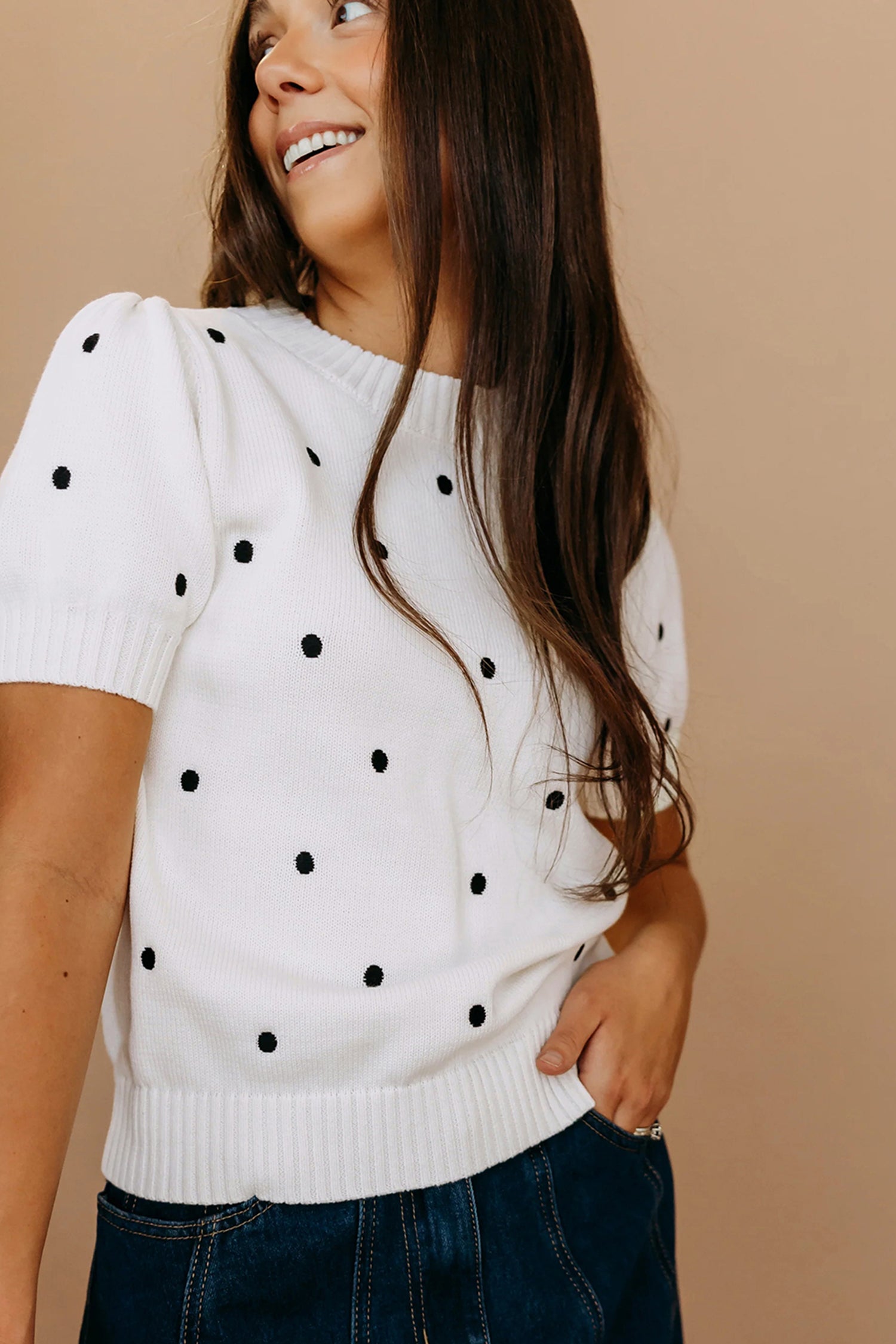 White Elegant Polka Dot Bubble Short Sleeve Sweater-TOPS / DRESSES-[Adult]-[Female]-2022 Online Blue Zone Planet