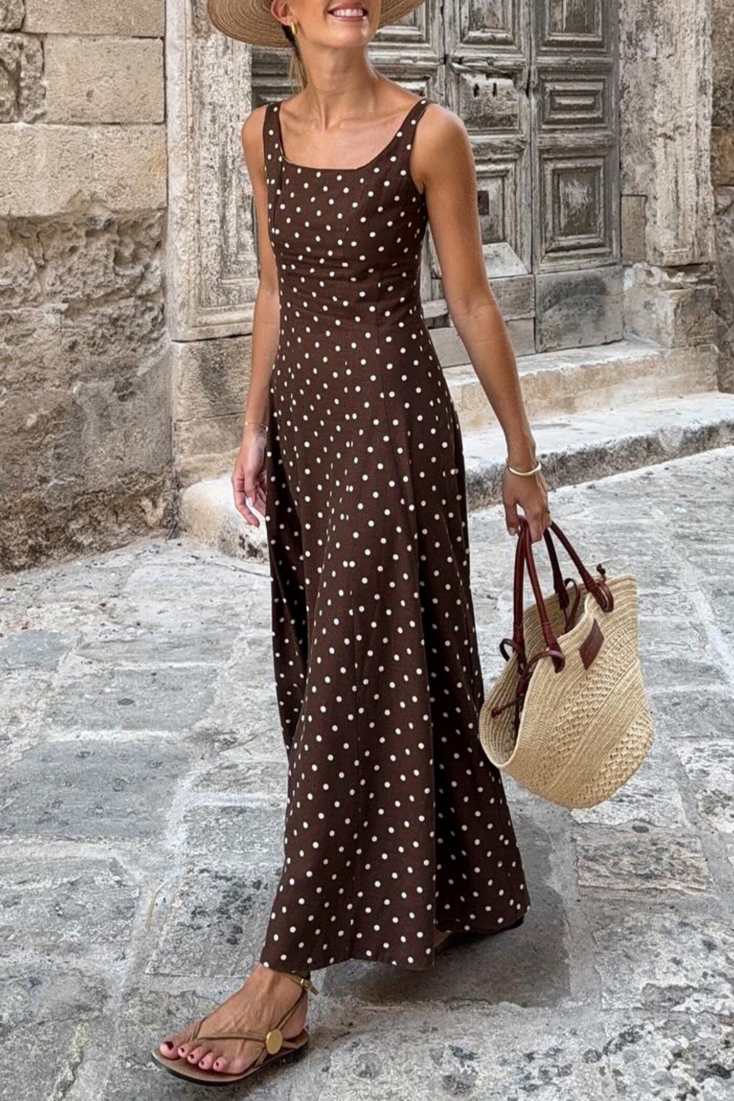 Brown Polka Dot Print Square Neck Sleeveless Vacation Long Dress-TOPS / DRESSES-[Adult]-[Female]-2022 Online Blue Zone Planet