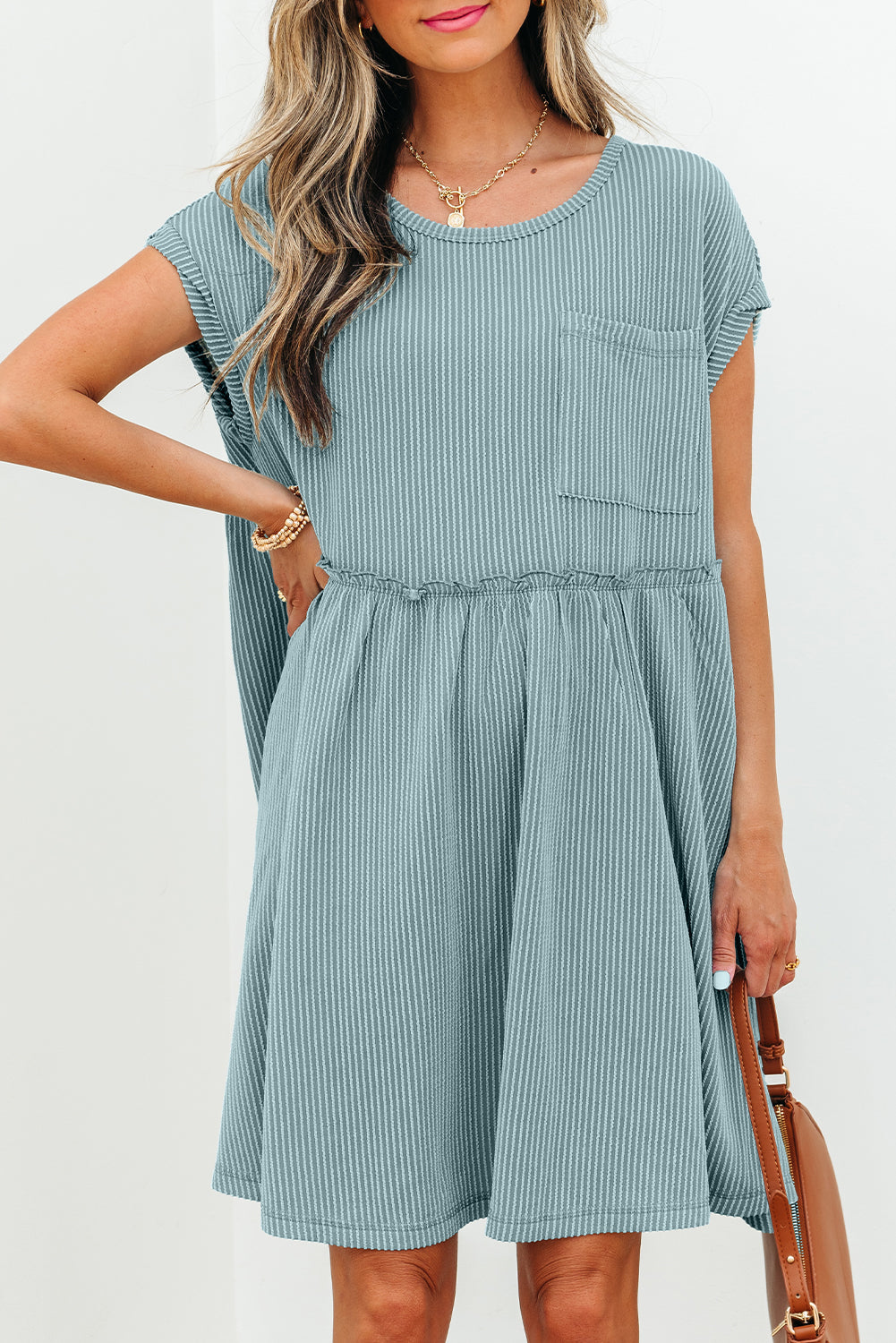 Canton Corded Knit Textured Patched Pocket Frilled Swing Mini Dress with Pockets-TOPS / DRESSES-[Adult]-[Female]-2022 Online Blue Zone Planet