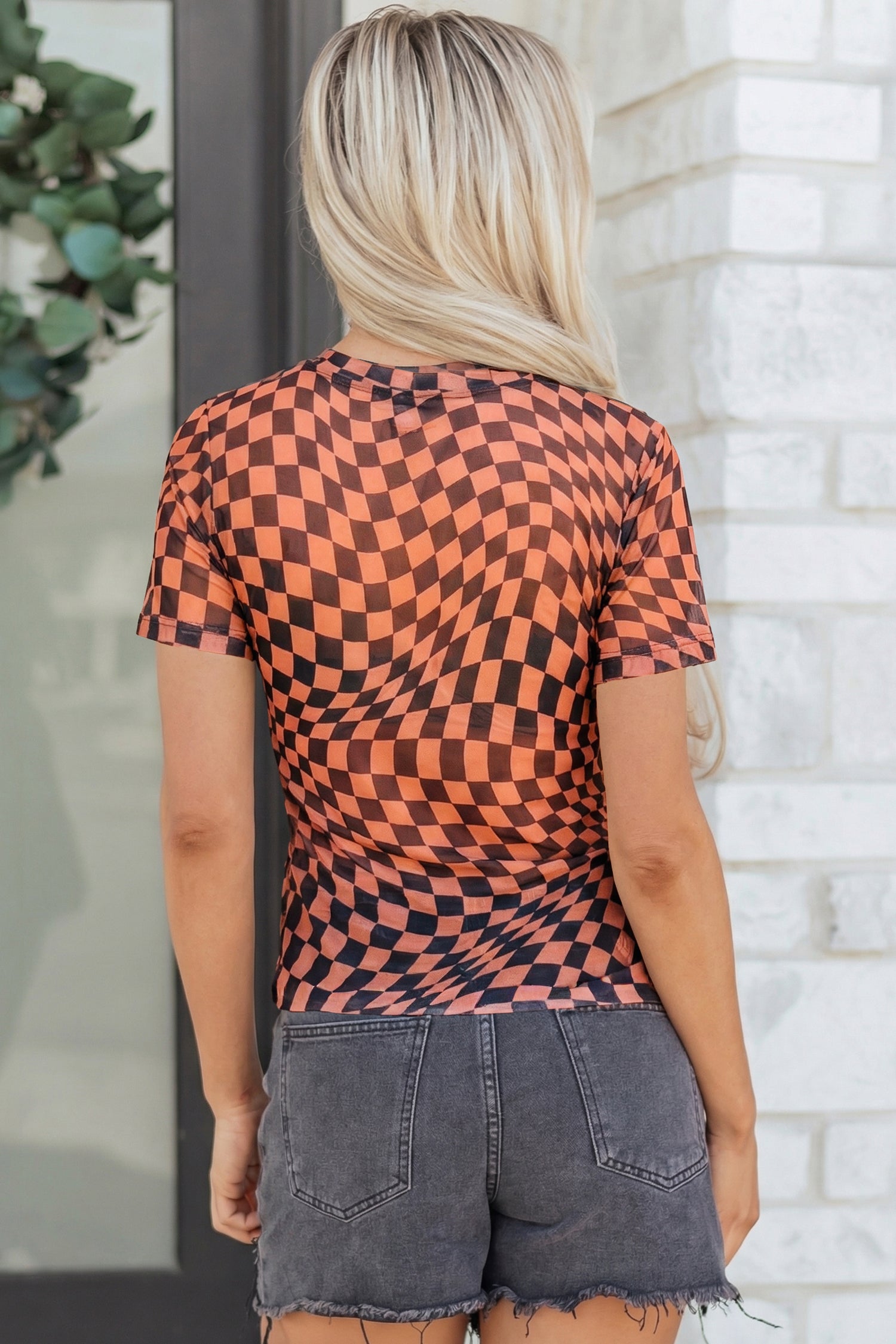 Orange Checkered Print Crew Neck Mesh T Shirt-Tops/Tops & Tees-[Adult]-[Female]-2022 Online Blue Zone Planet