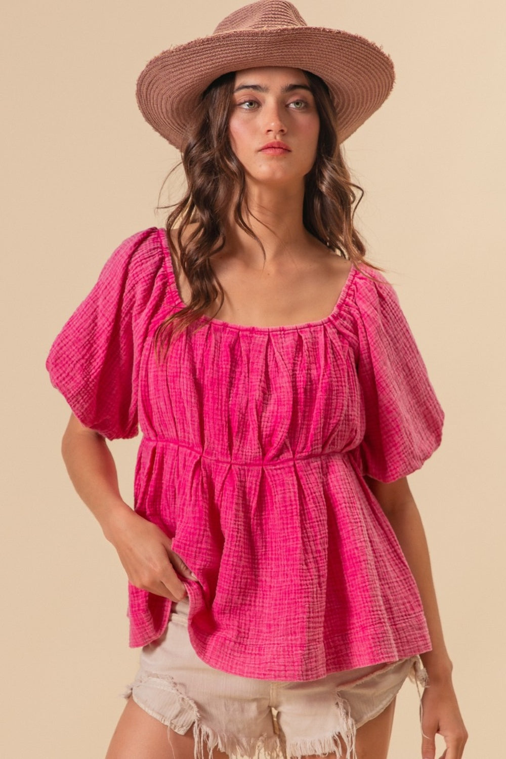 BiBi Pleated Puff Sleeve Washed Blouse-TOPS / DRESSES-[Adult]-[Female]-2022 Online Blue Zone Planet