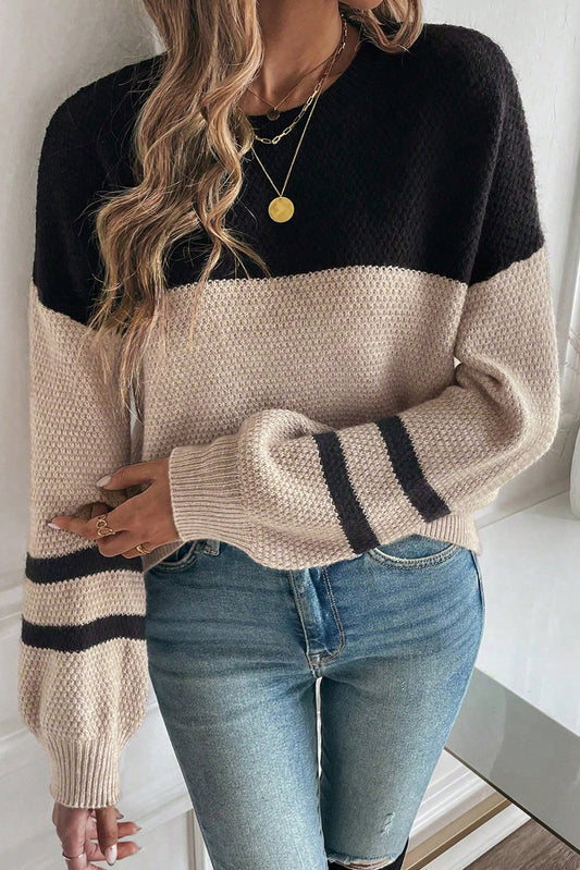 Parchment Color Block Knit Striped Sleeve Detail Casual Sweater-TOPS / DRESSES-[Adult]-[Female]-Parchment-S-2022 Online Blue Zone Planet