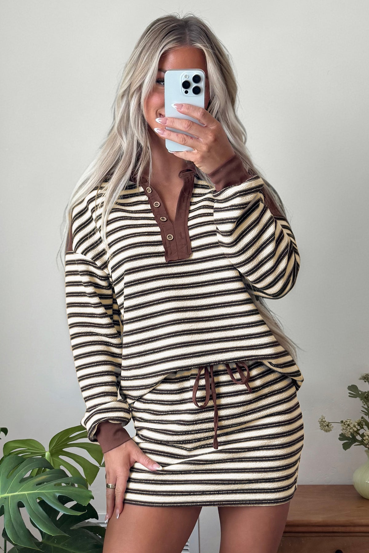 Brown Stripe Contrast Trim Button Neck Long Sleeve Top Drawstring Mini Skirt Set-Two Piece Sets/Two Piece Dresses-[Adult]-[Female]-2022 Online Blue Zone Planet