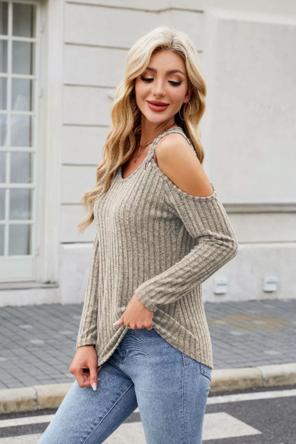 Ribbed Cold Shoulder Long Sleeve Top-TOPS / DRESSES-[Adult]-[Female]-2022 Online Blue Zone Planet