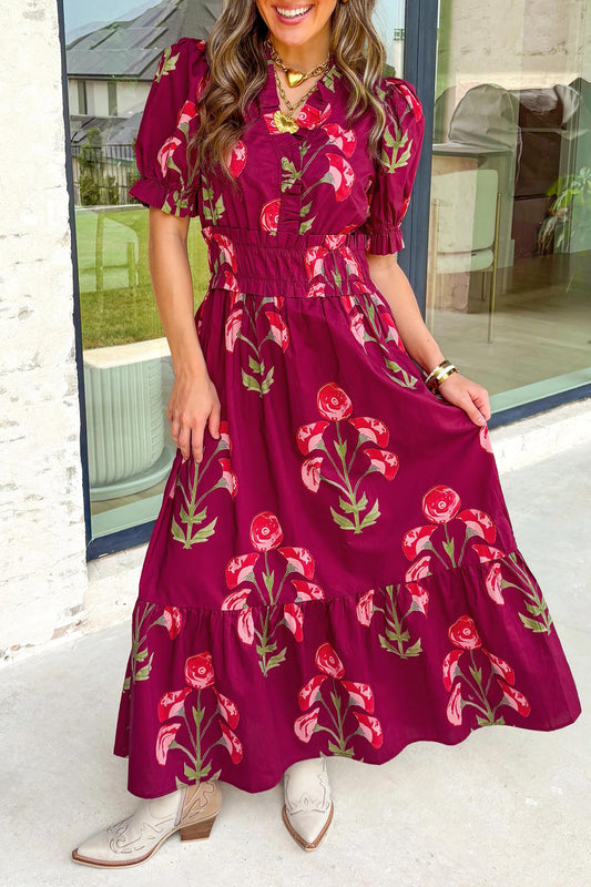 Red Floral Print Frilled V Neck Short Sleeve Ruffle Maxi Dress-Maxi Dresses-[Adult]-[Female]-Red-L-2022 Online Blue Zone Planet