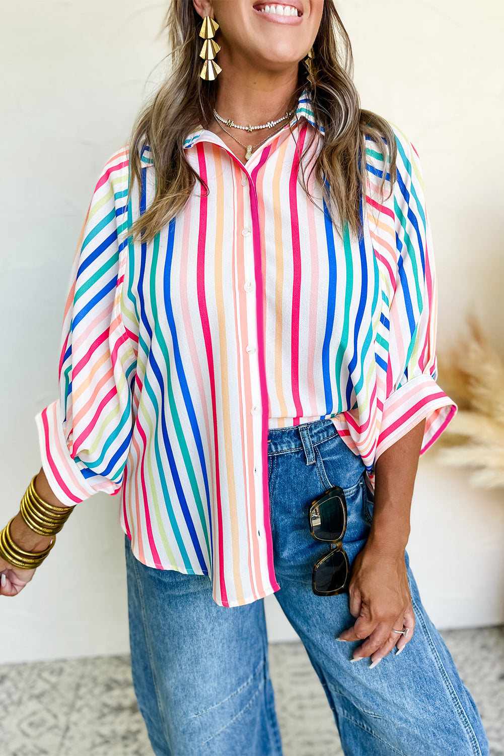 Pink Stripe 3/4 Sleeve Button Up Casual Shirt-Tops/Blouses & Shirts-[Adult]-[Female]-Pink Stripe-S-2022 Online Blue Zone Planet