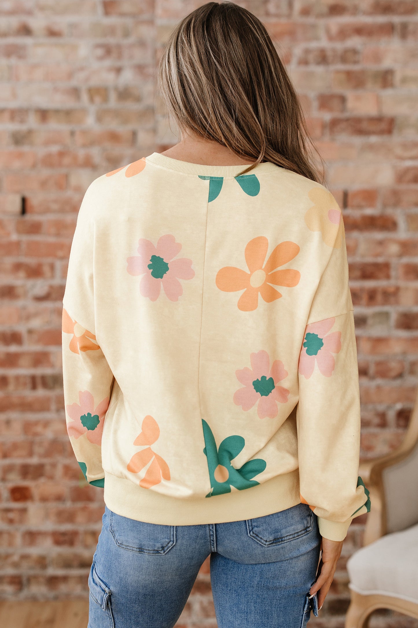 Khaki Mineral Washed French Terry Flower Print Sweatshirt-Tops/Sweatshirts & Hoodies-[Adult]-[Female]-2022 Online Blue Zone Planet