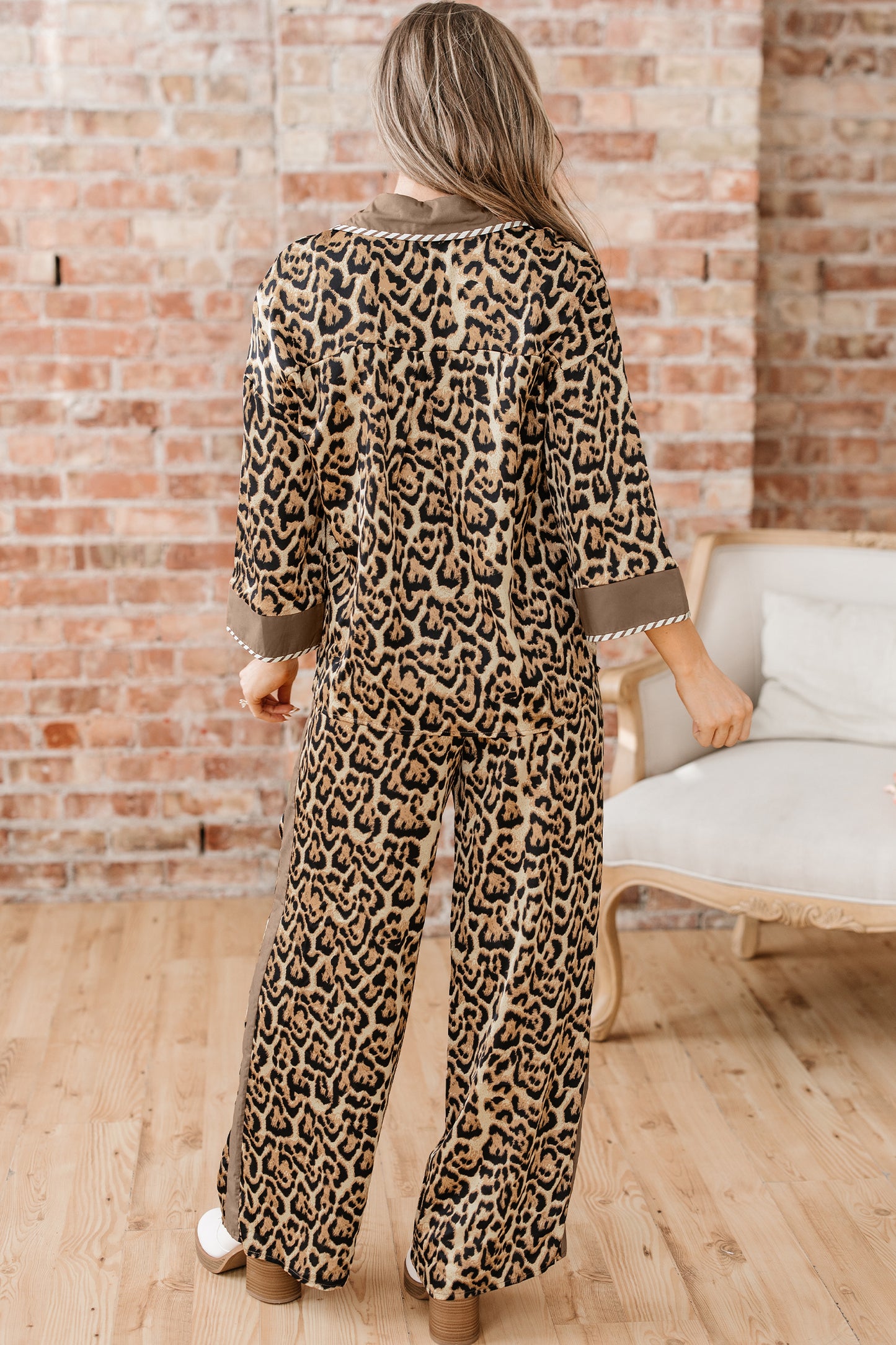 Brown Leopard Collared 3/4 Sleeve Shirt and Loose Pants Two Piece Outfit Set-Two Piece Sets/Pant Sets-[Adult]-[Female]-2022 Online Blue Zone Planet