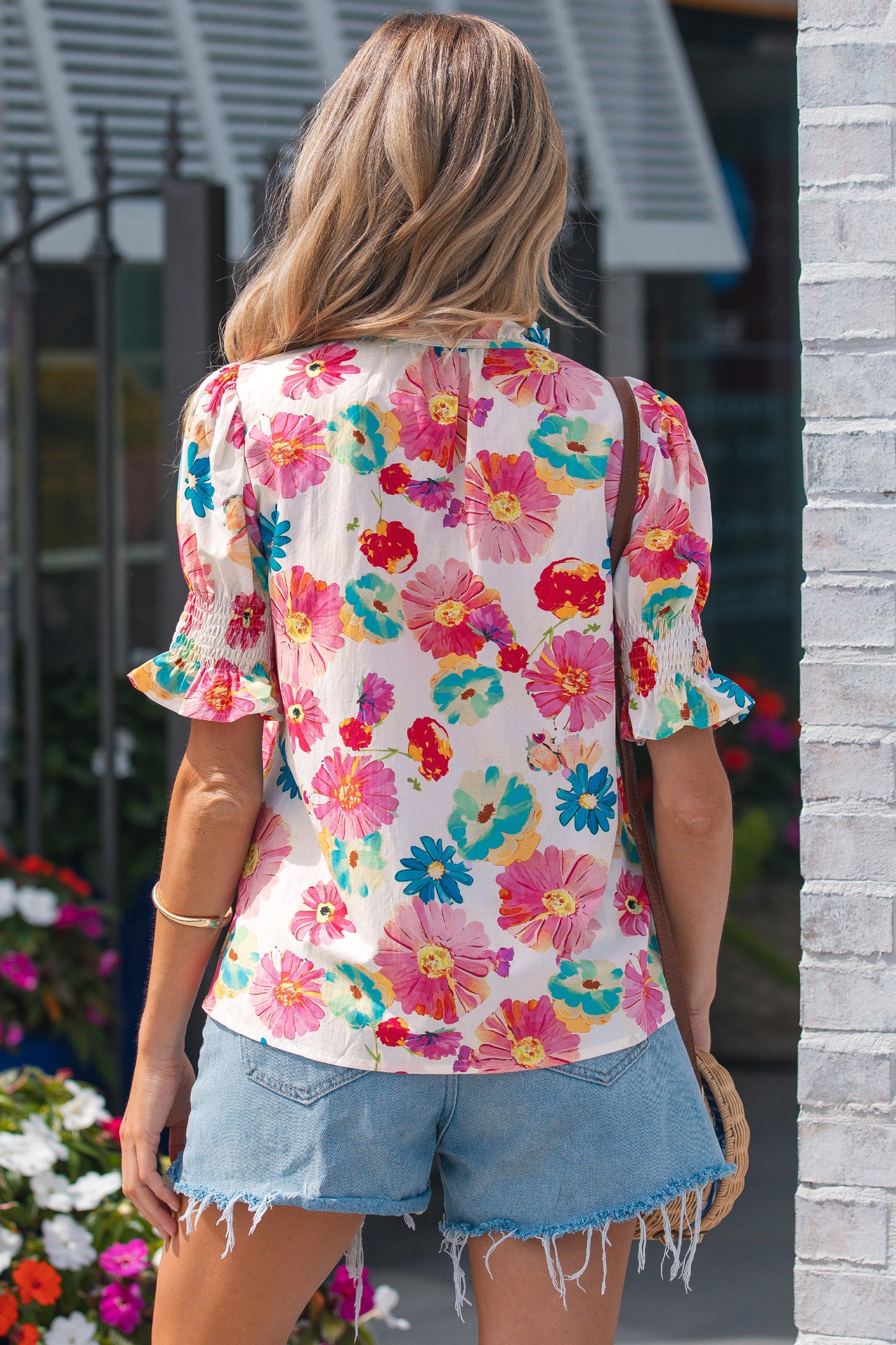 Beige Vibrant Summer Floral Tie V Neck Short Puff Sleeve Blouse-Tops/Blouses & Shirts-[Adult]-[Female]-2022 Online Blue Zone Planet
