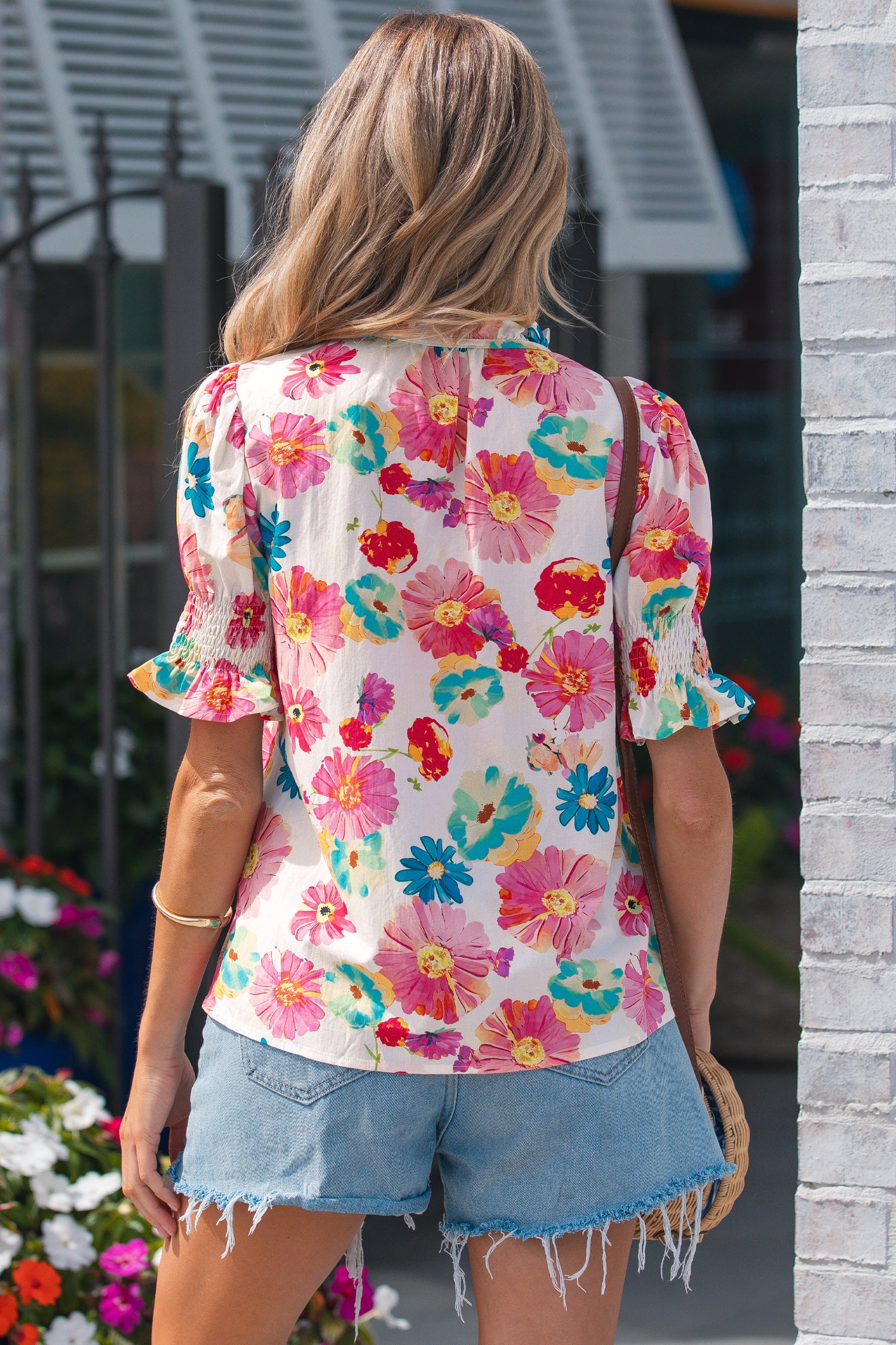 Beige Vibrant Summer Floral Tie V Neck Short Puff Sleeve Blouse-Tops/Blouses & Shirts-[Adult]-[Female]-2022 Online Blue Zone Planet