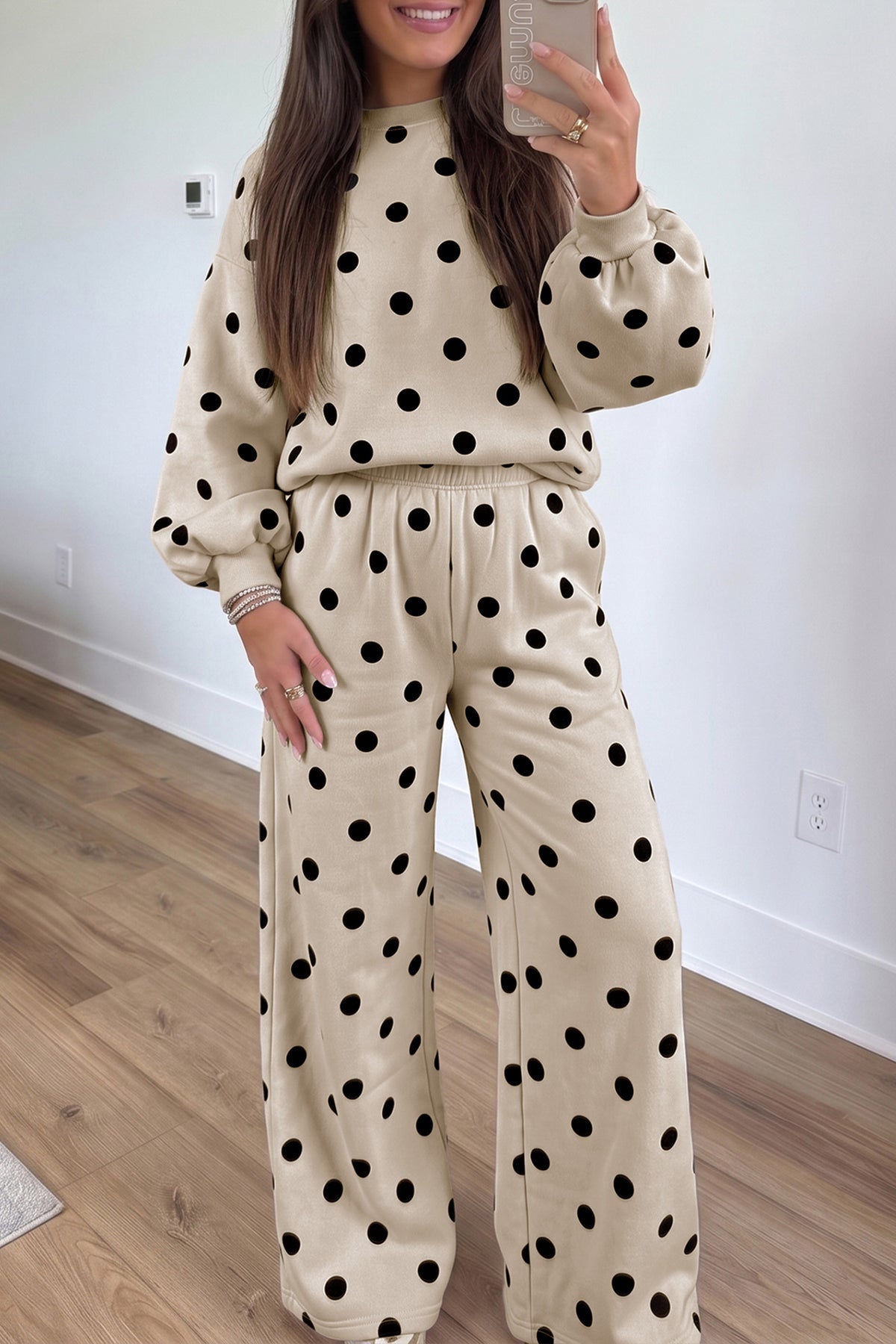 Pink Polka Dot Puff Sleeve Top Casual Pants 2pcs Set-Two Piece Sets/Pant Sets-[Adult]-[Female]-Beige-S-2022 Online Blue Zone Planet