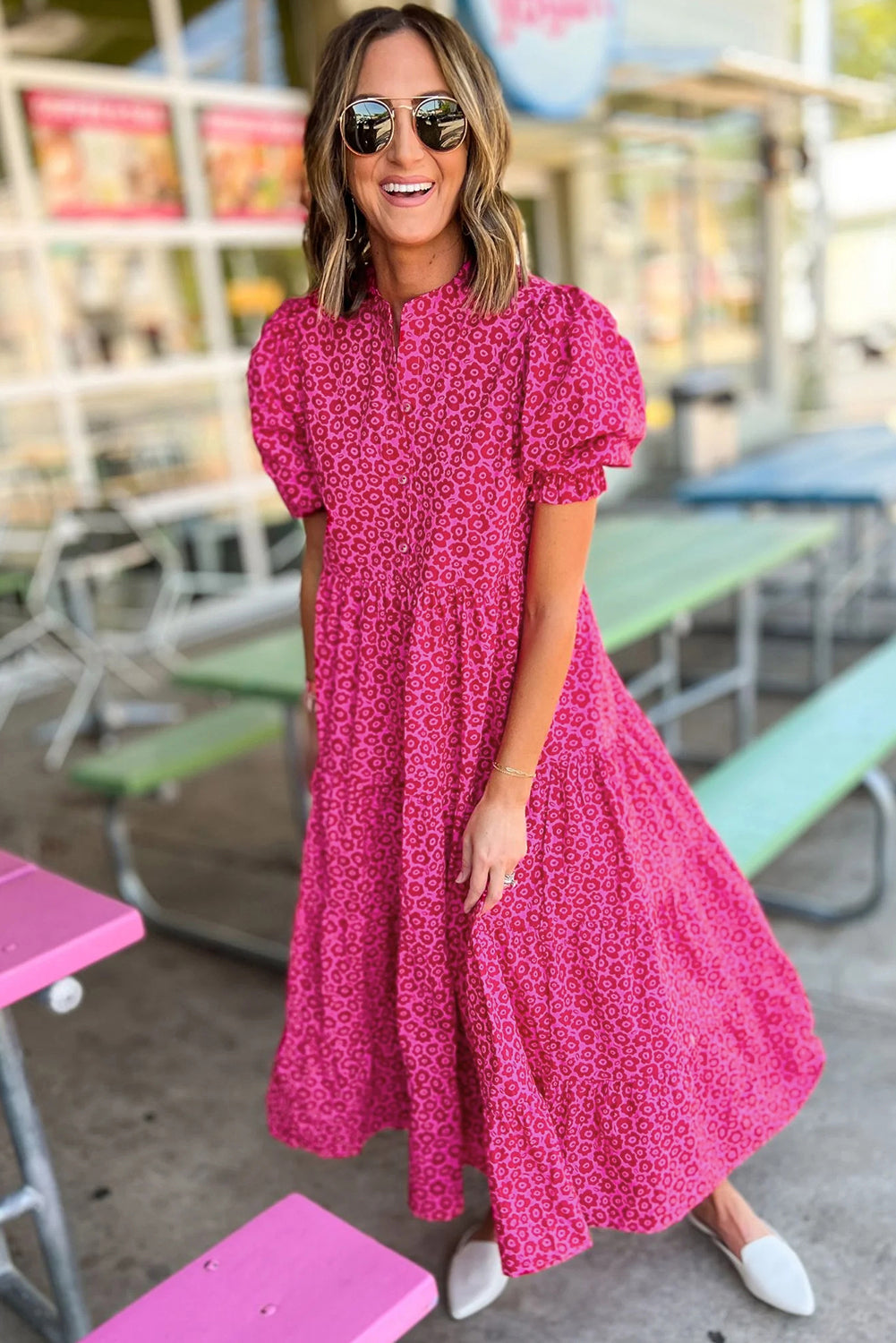 Blue Zone Planet |  Rose Red Flower Mock Neck Puff Sleeve Tiered Maxi Dress Blue Zone Planet