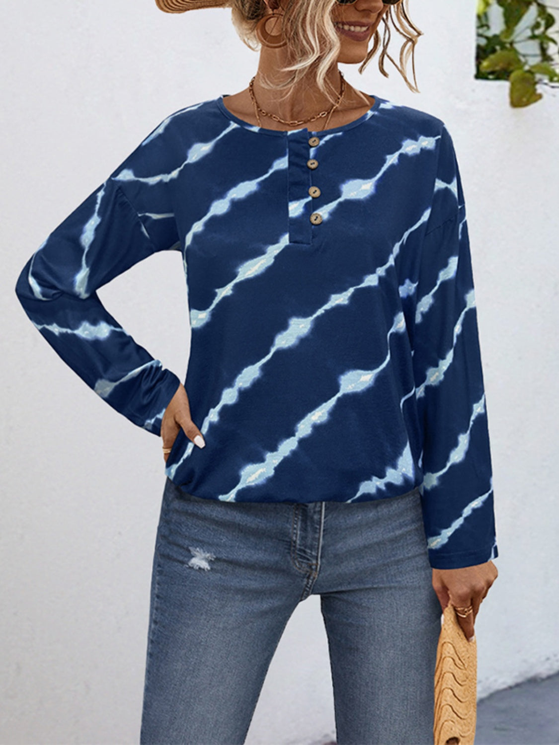 Striped Round Neck Long Sleeve T-Shirt-TOPS / DRESSES-[Adult]-[Female]-Peacock Blue-S-2022 Online Blue Zone Planet