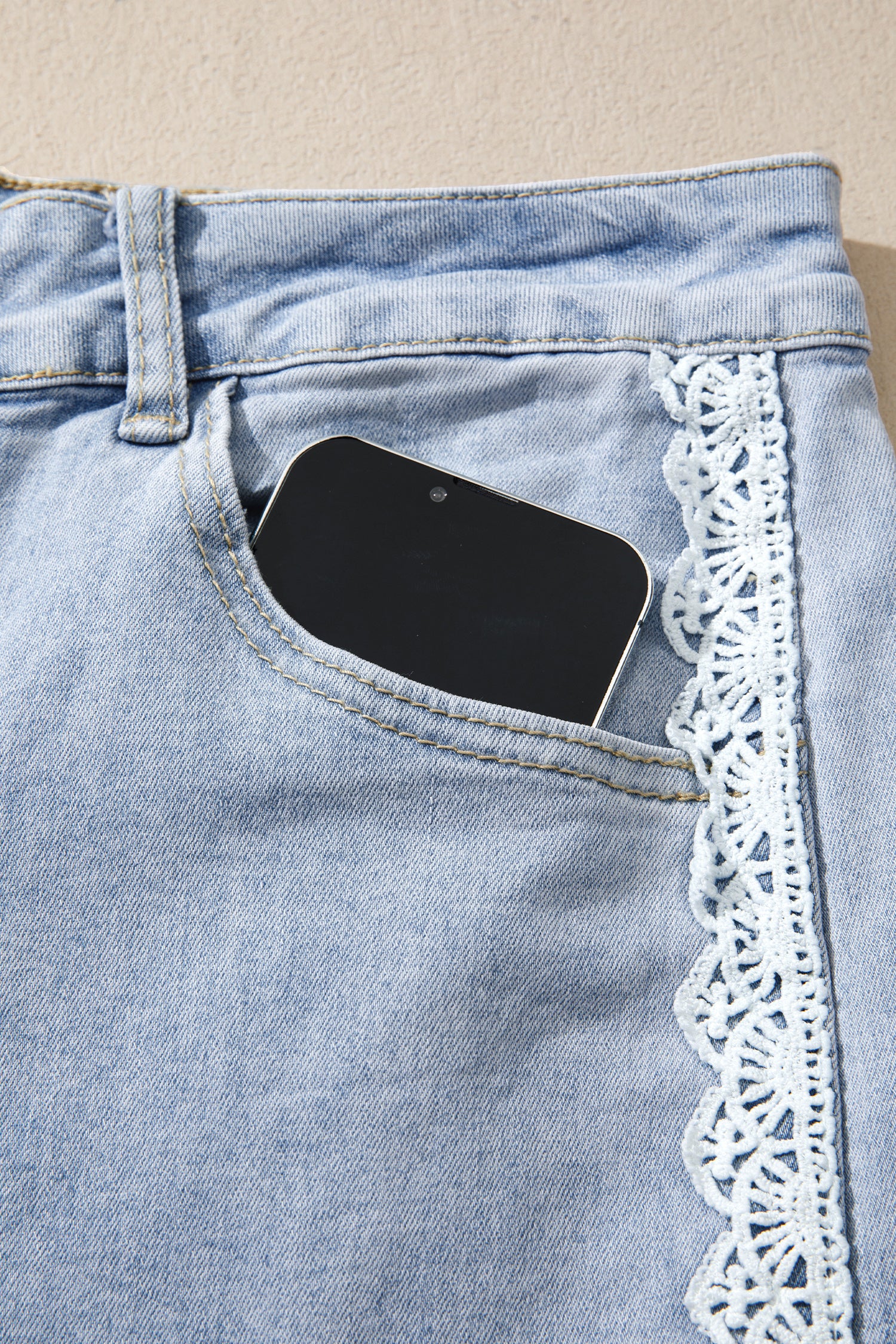Beau Blue Lace Trim Casual Full-Length Regular Fit Jeans-Bottoms/Jeans-[Adult]-[Female]-2022 Online Blue Zone Planet