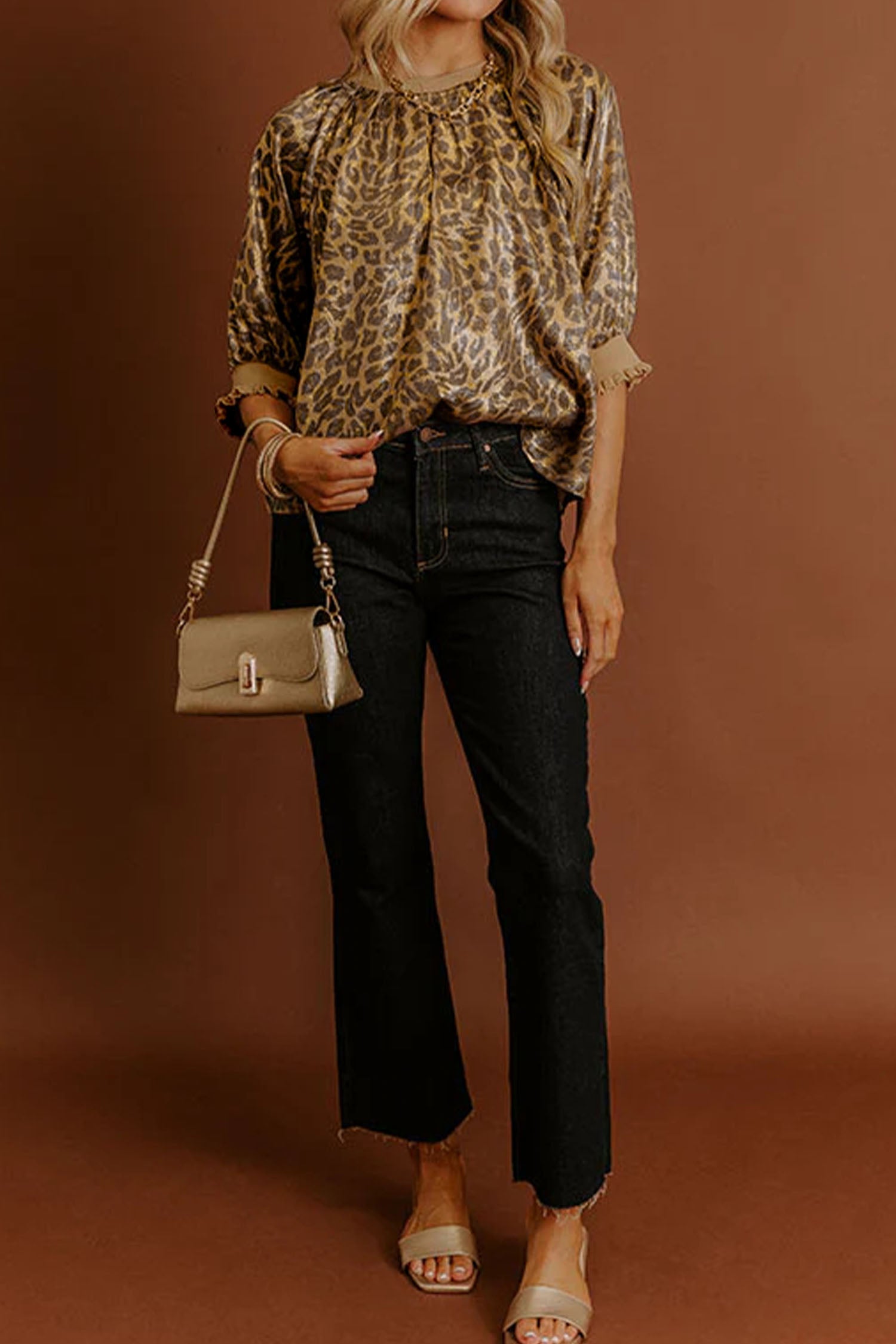 Gold Half Sleeve Metallic Leopard Print Blouse-Tops/Blouses & Shirts-[Adult]-[Female]-2022 Online Blue Zone Planet