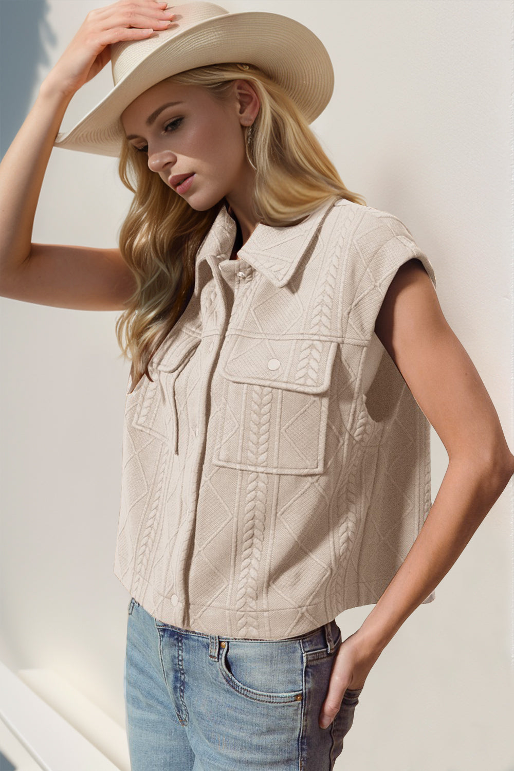 Double Take Snap Down Texture Crop Vest-TOPS / DRESSES-[Adult]-[Female]-Dust Storm-S-2022 Online Blue Zone Planet