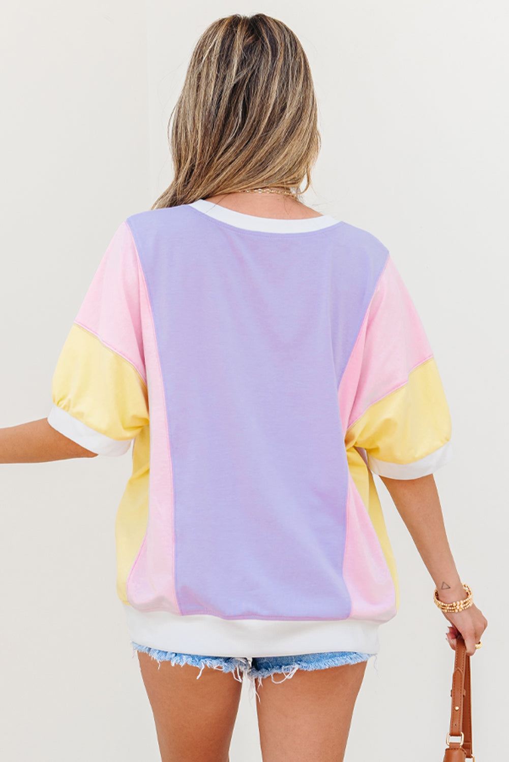 Purple Color Block Patchwork Half Sleeve Oversized T Shirt-Tops/Tops & Tees-[Adult]-[Female]-2022 Online Blue Zone Planet