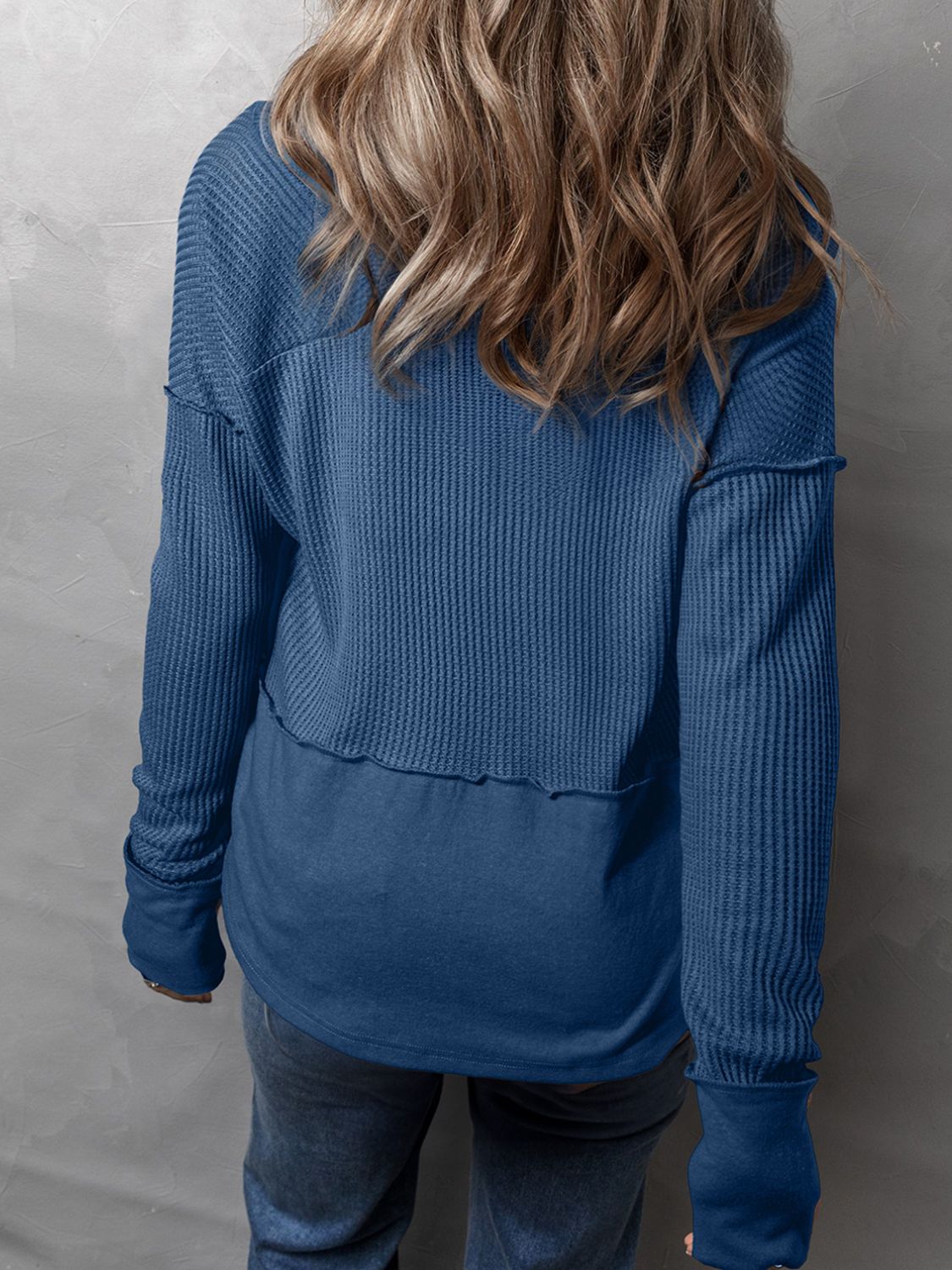 Waffle-Knit Notched Long Sleeve T-Shirt-TOPS / DRESSES-[Adult]-[Female]-2022 Online Blue Zone Planet