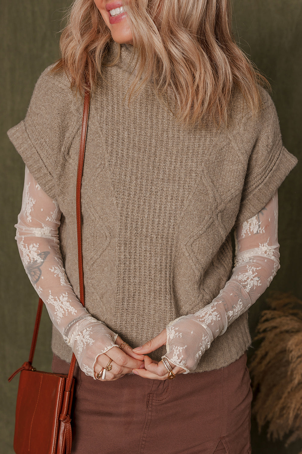 Smoke Gray Textured Knit High Neck Sweater T Shirt-TOPS / DRESSES-[Adult]-[Female]-2022 Online Blue Zone Planet
