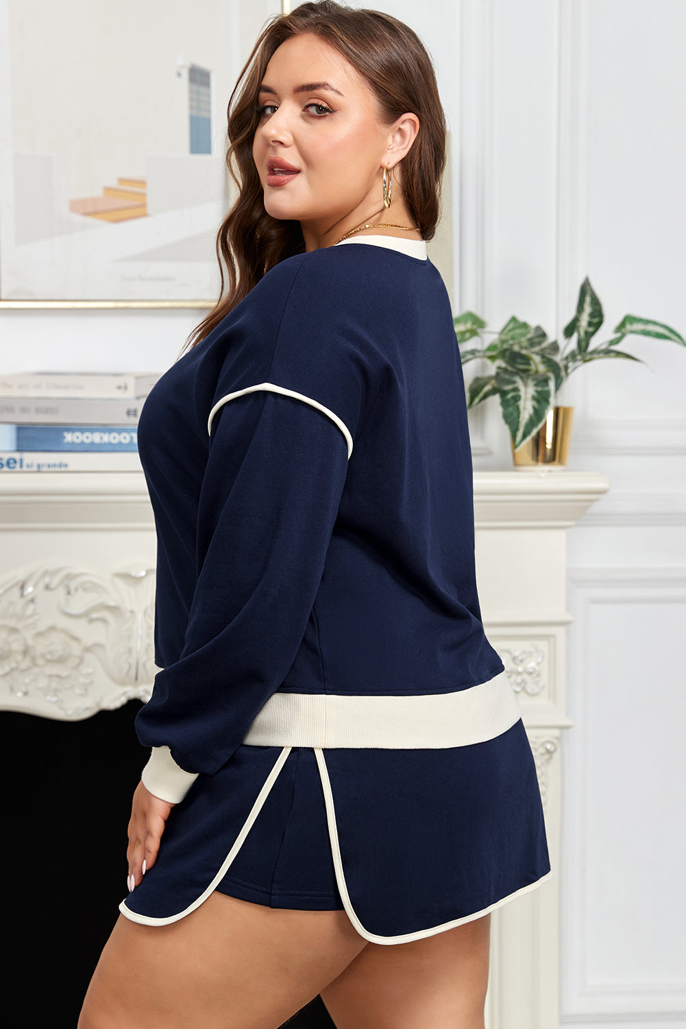 Navy Blue Plus Color Block Drop Shoulder Top and Lace-up Skirt Outfit-Plus Size/Plus Size Loungewear-[Adult]-[Female]-2022 Online Blue Zone Planet