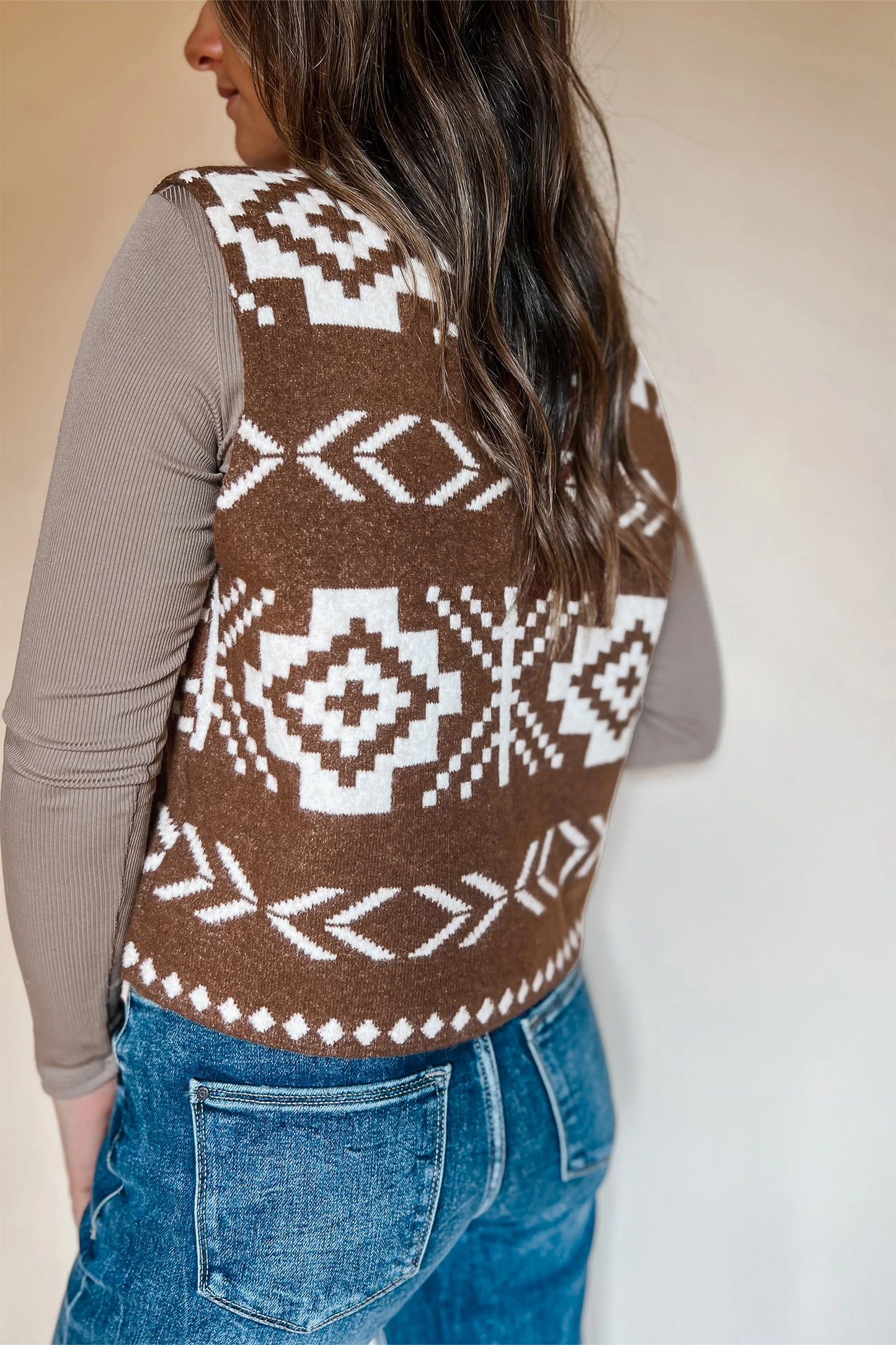 Brown Southwestern Aztec Button Square Neck Sweater Vest-Sweaters & Cardigans/Sweater Vests-[Adult]-[Female]-2022 Online Blue Zone Planet