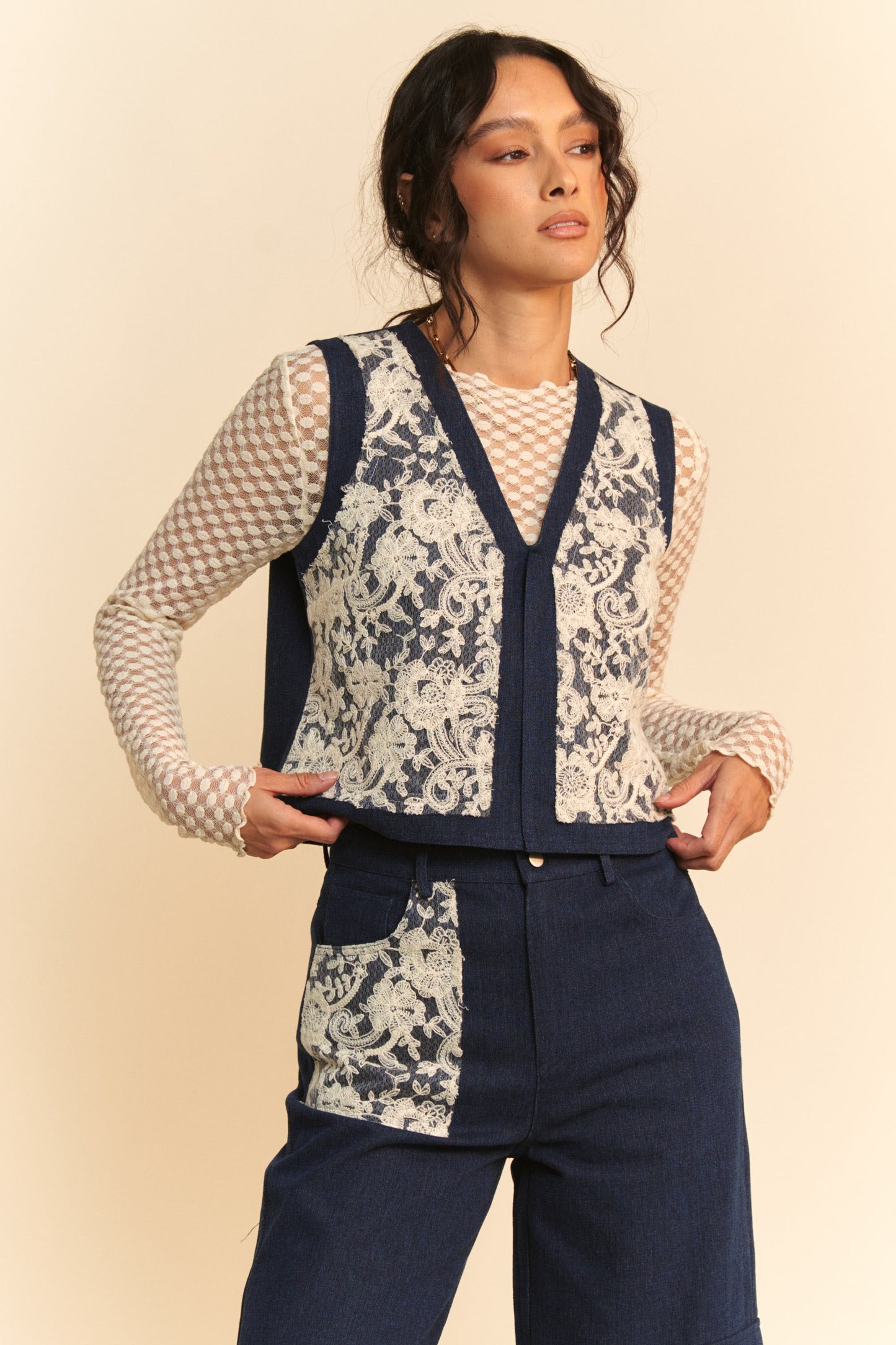 Davi & Dani Lace Patch Open Front Denim Vest-TOPS / DRESSES-[Adult]-[Female]-2022 Online Blue Zone Planet